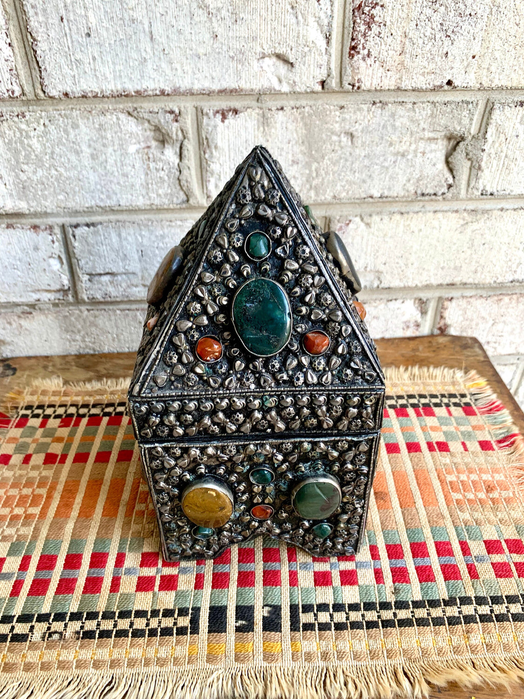 Vtg Moroccan Wedding Box | Semi Precious Stone Inlaid Box | Silvered Precious Stone Wedding Box | Moroccan Trinket Box