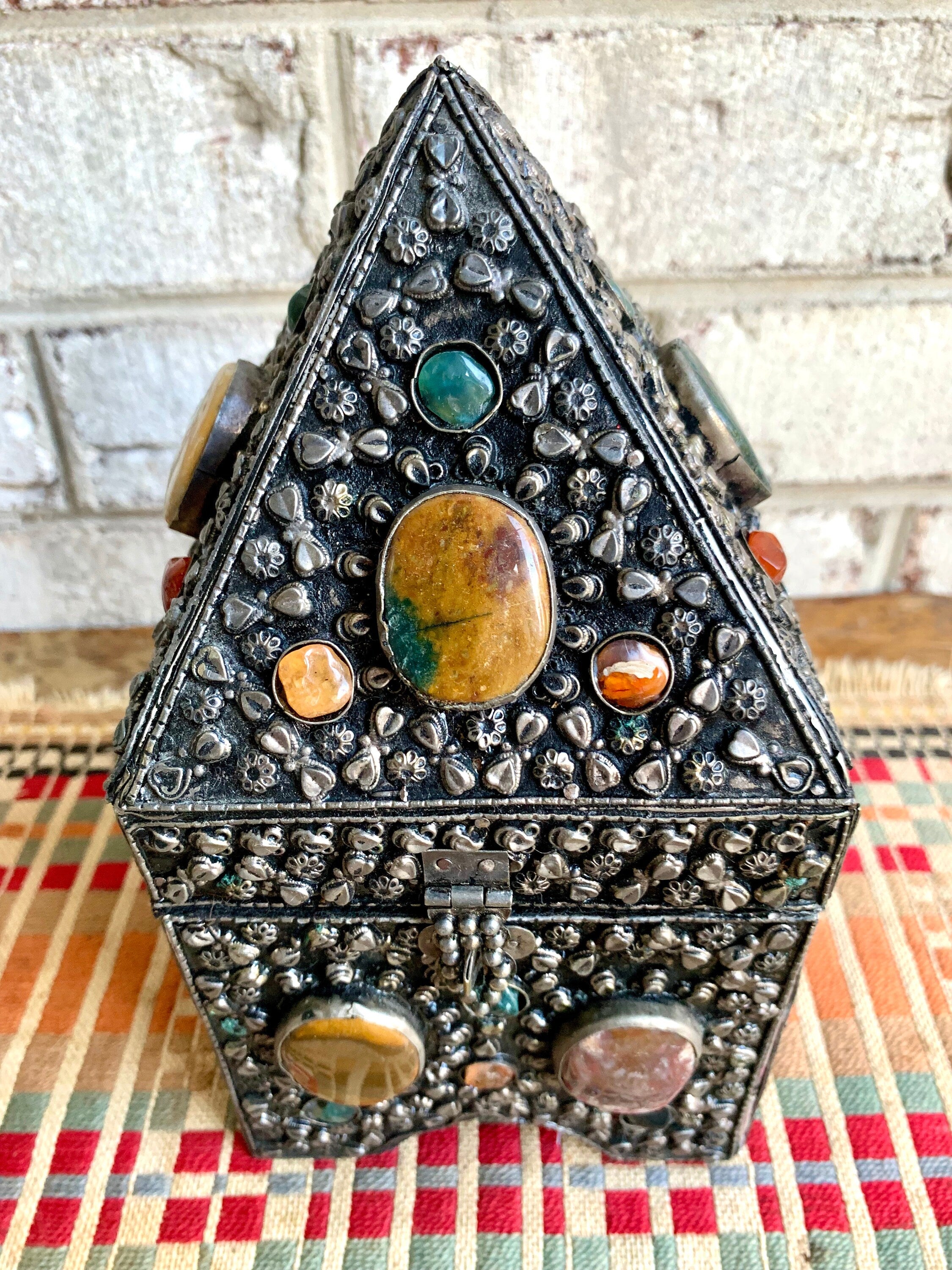 Vtg Moroccan Wedding Box | Semi Precious Stone Inlaid Box | Silvered Precious Stone Wedding Box | Moroccan Trinket Box
