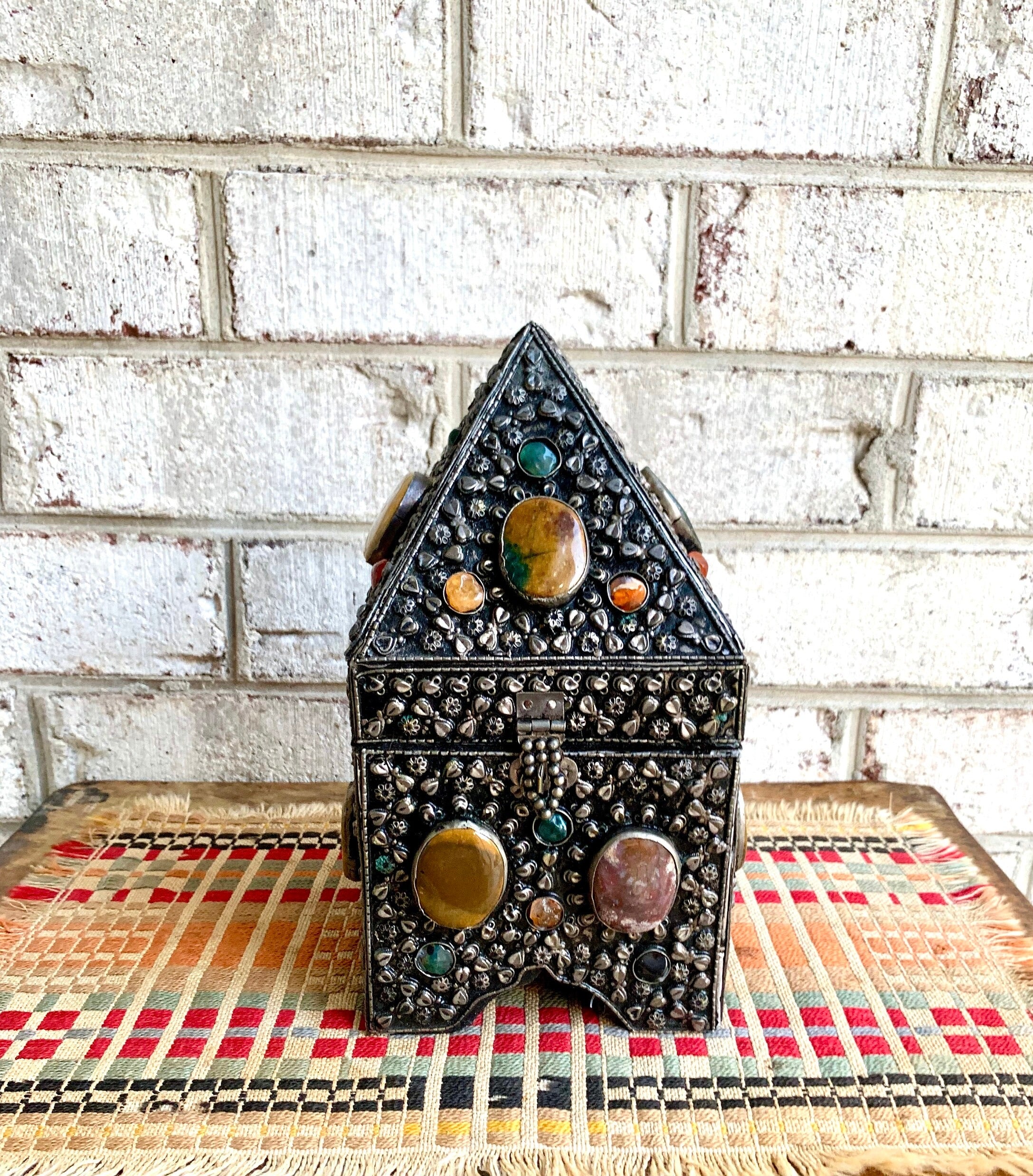 Vtg Moroccan Wedding Box | Semi Precious Stone Inlaid Box | Silvered Precious Stone Wedding Box | Moroccan Trinket Box
