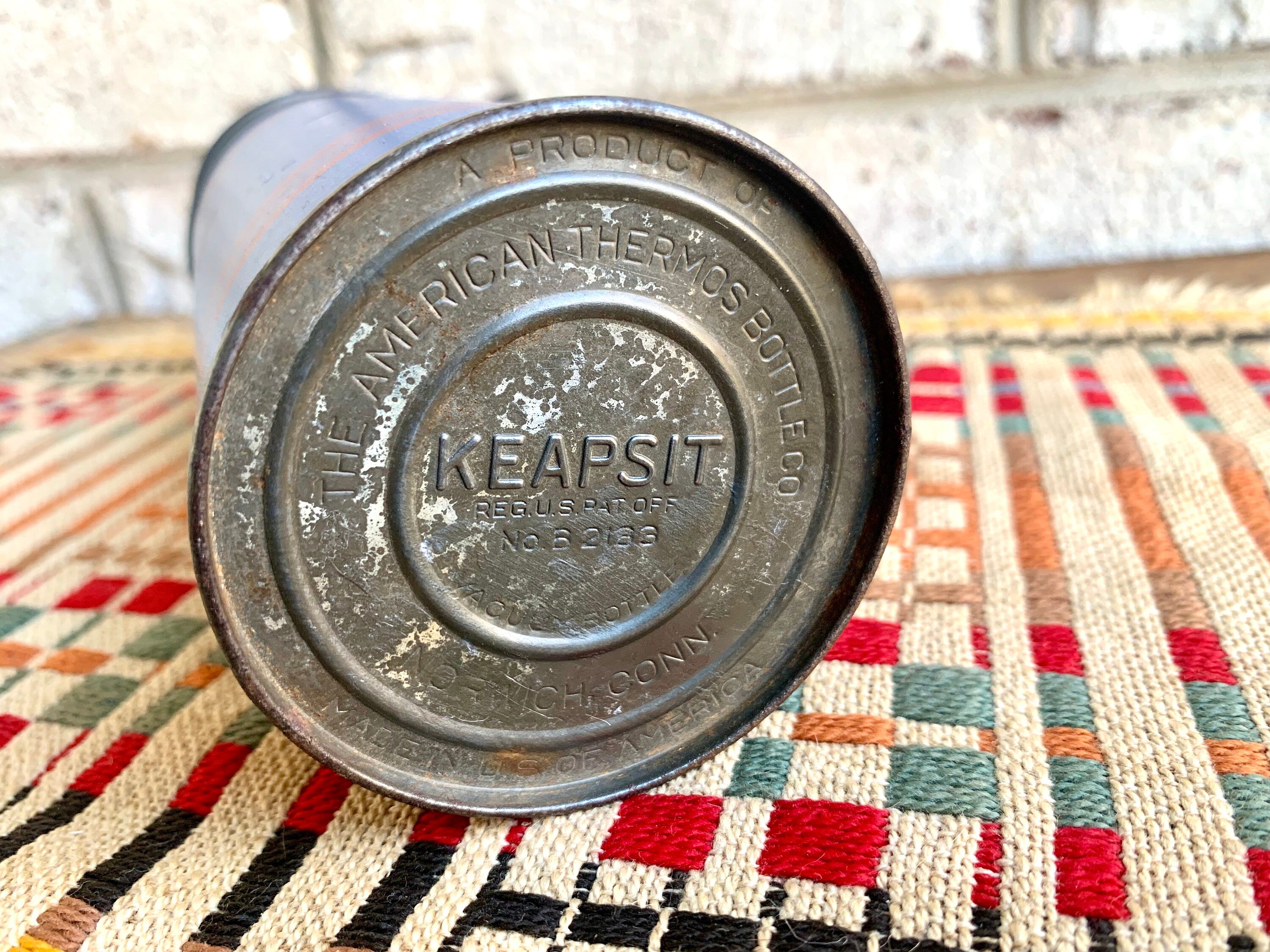 Vtg Keapsit Thermos Bottle | Rustic Small Thermos | Keapsit Vacuum Bottle | Blue and Red Distressed Thermos Bottle | Lunch Pale Thermos