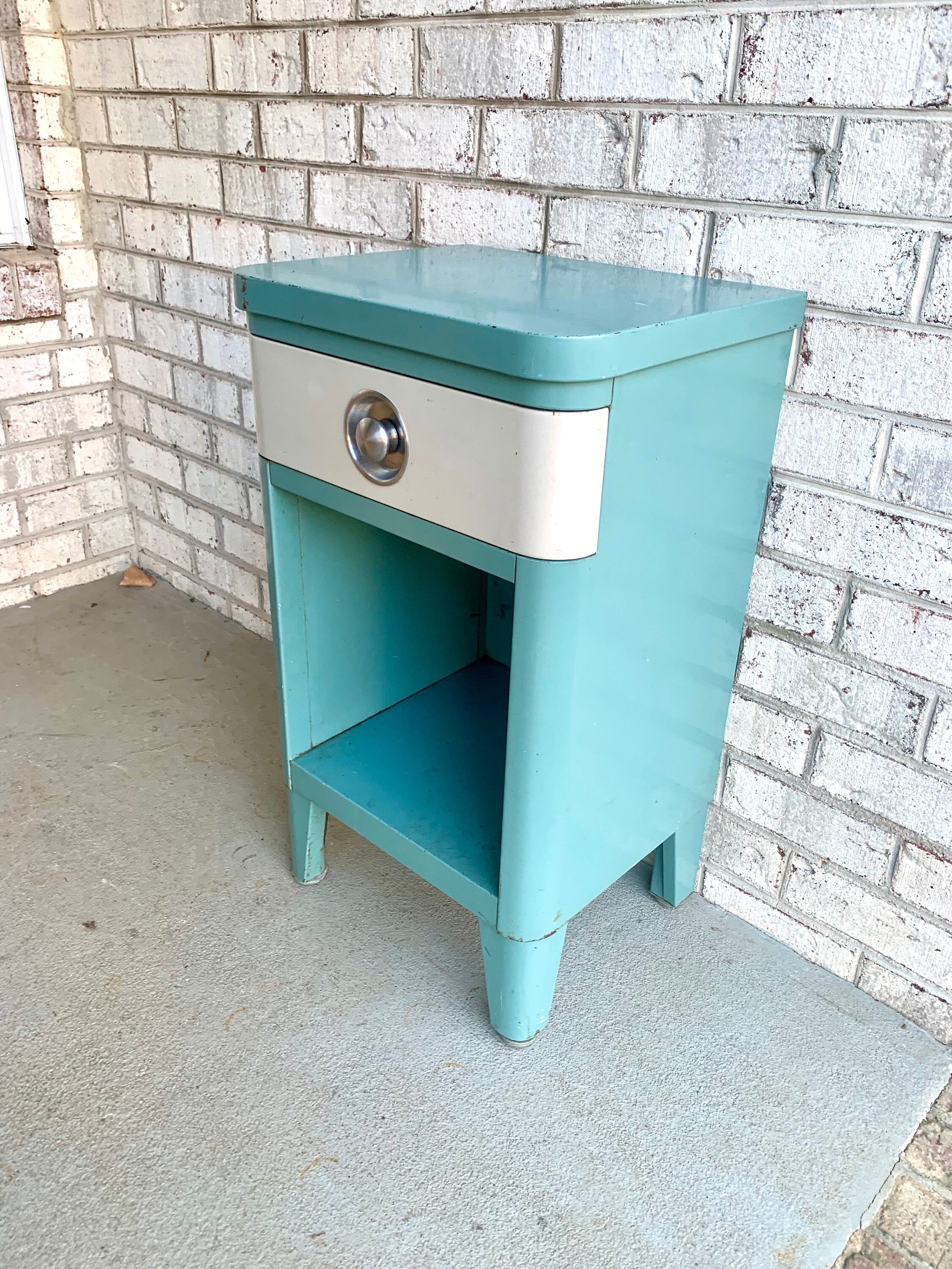 Vtg Norman Bel Geddes Art Deco Night Stand | Turquoise Bel Geddes For SImmons Furniture Night Stand | Art Deco Metal Stand With Drawer