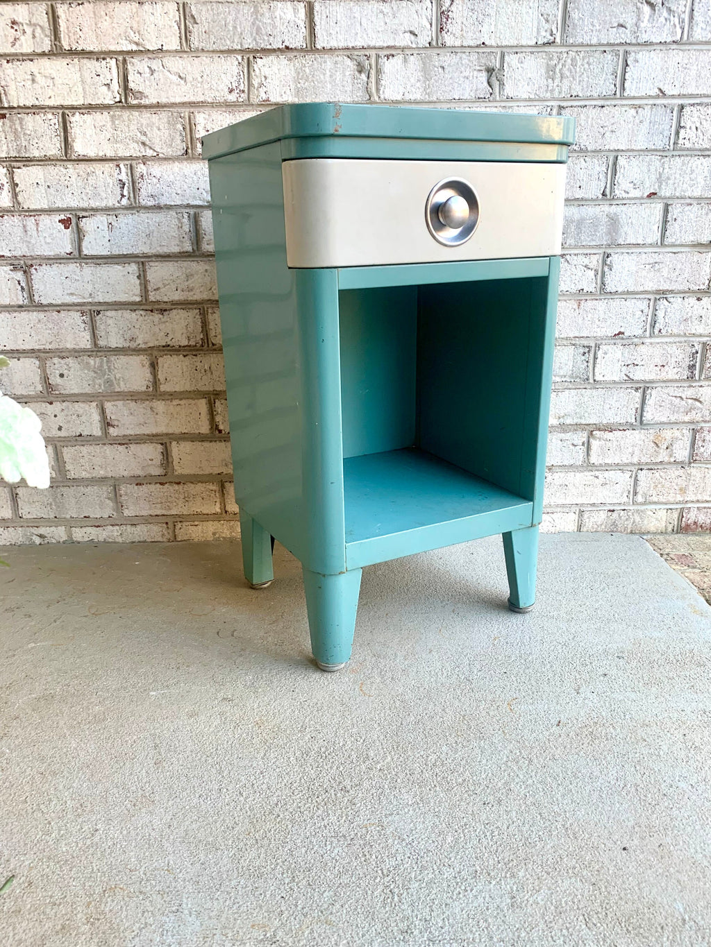 Vtg Norman Bel Geddes Art Deco Night Stand | Turquoise Bel Geddes For SImmons Furniture Night Stand | Art Deco Metal Stand With Drawer