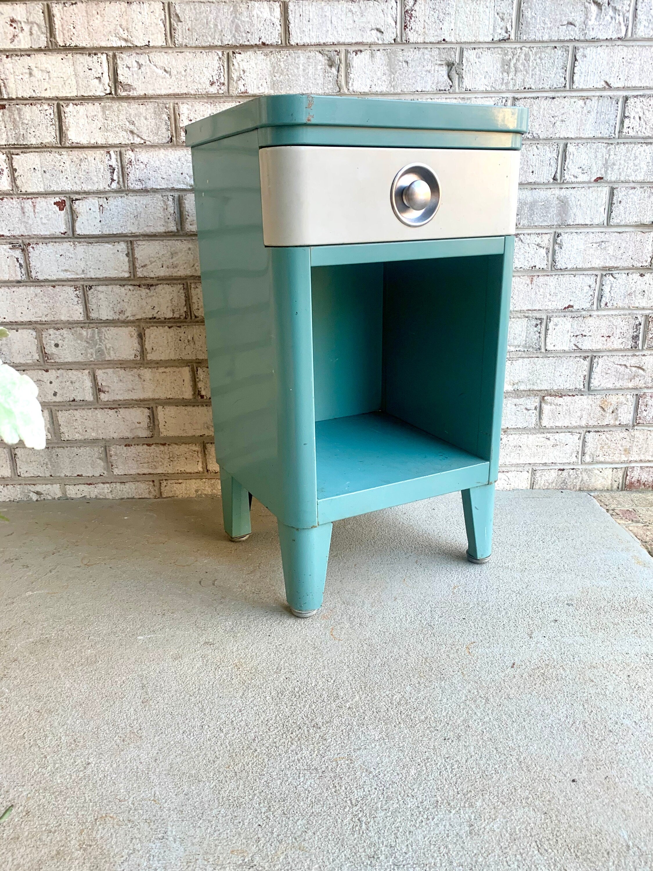 Vtg Norman Bel Geddes Art Deco Night Stand | Turquoise Bel Geddes For SImmons Furniture Night Stand | Art Deco Metal Stand With Drawer