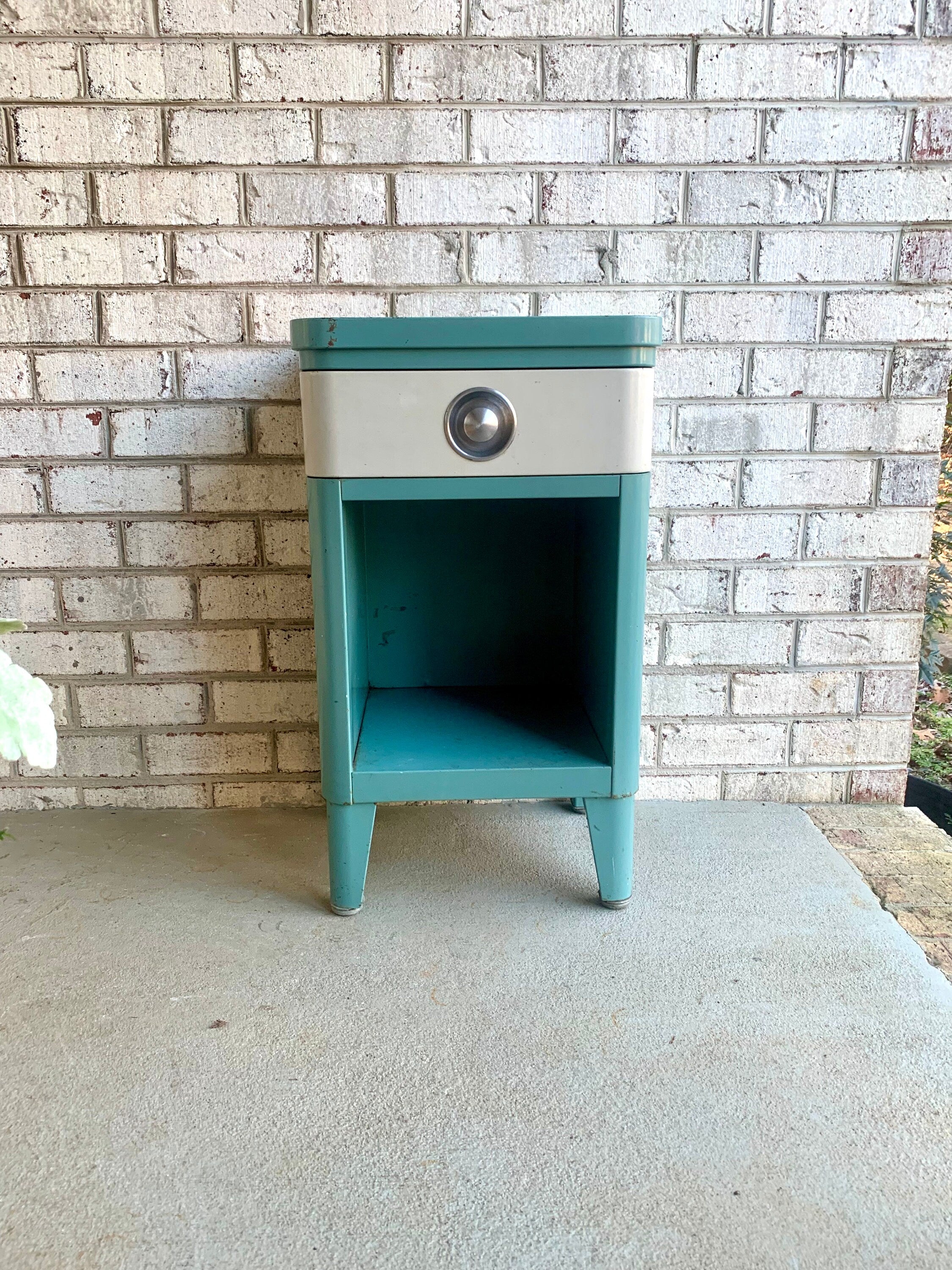 Vtg Norman Bel Geddes Art Deco Night Stand | Turquoise Bel Geddes For SImmons Furniture Night Stand | Art Deco Metal Stand With Drawer