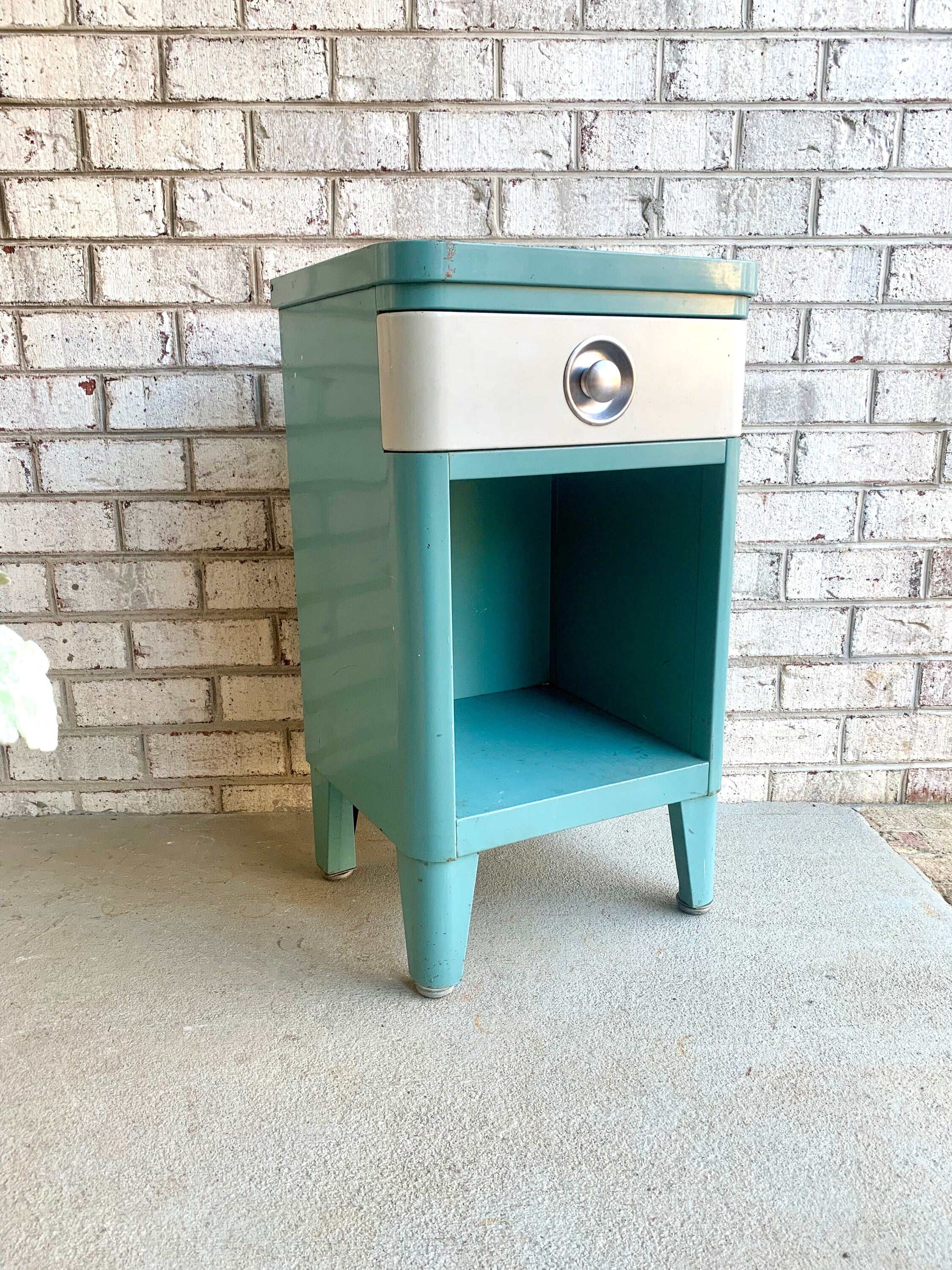 Vtg Norman Bel Geddes Art Deco Night Stand | Turquoise Bel Geddes For SImmons Furniture Night Stand | Art Deco Metal Stand With Drawer