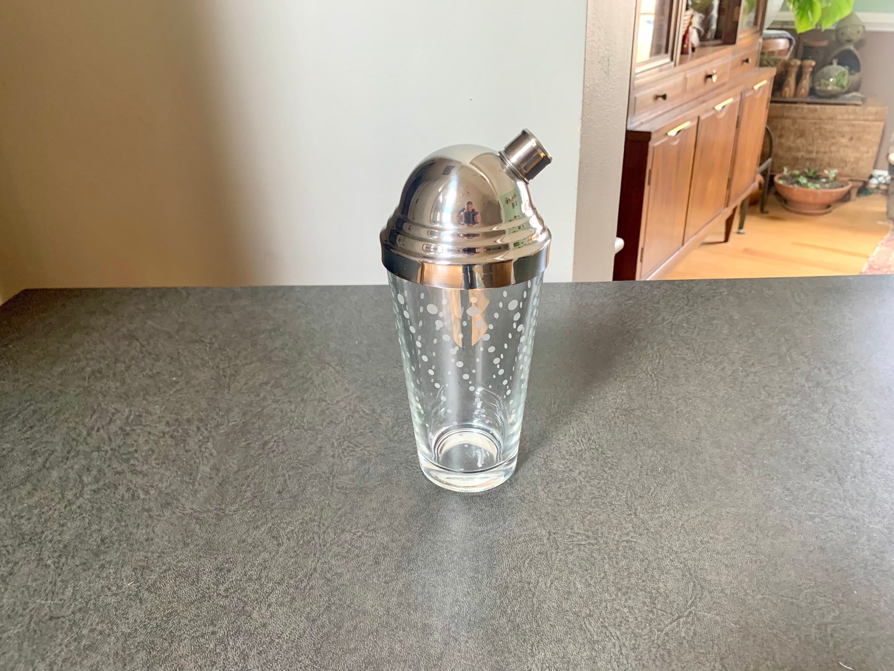 MCM Libby Glass Poka Dot Cocktail Shaker | MCM Glass and Chrome Shaker | Libby Glass Barware | MCM batware Shaker