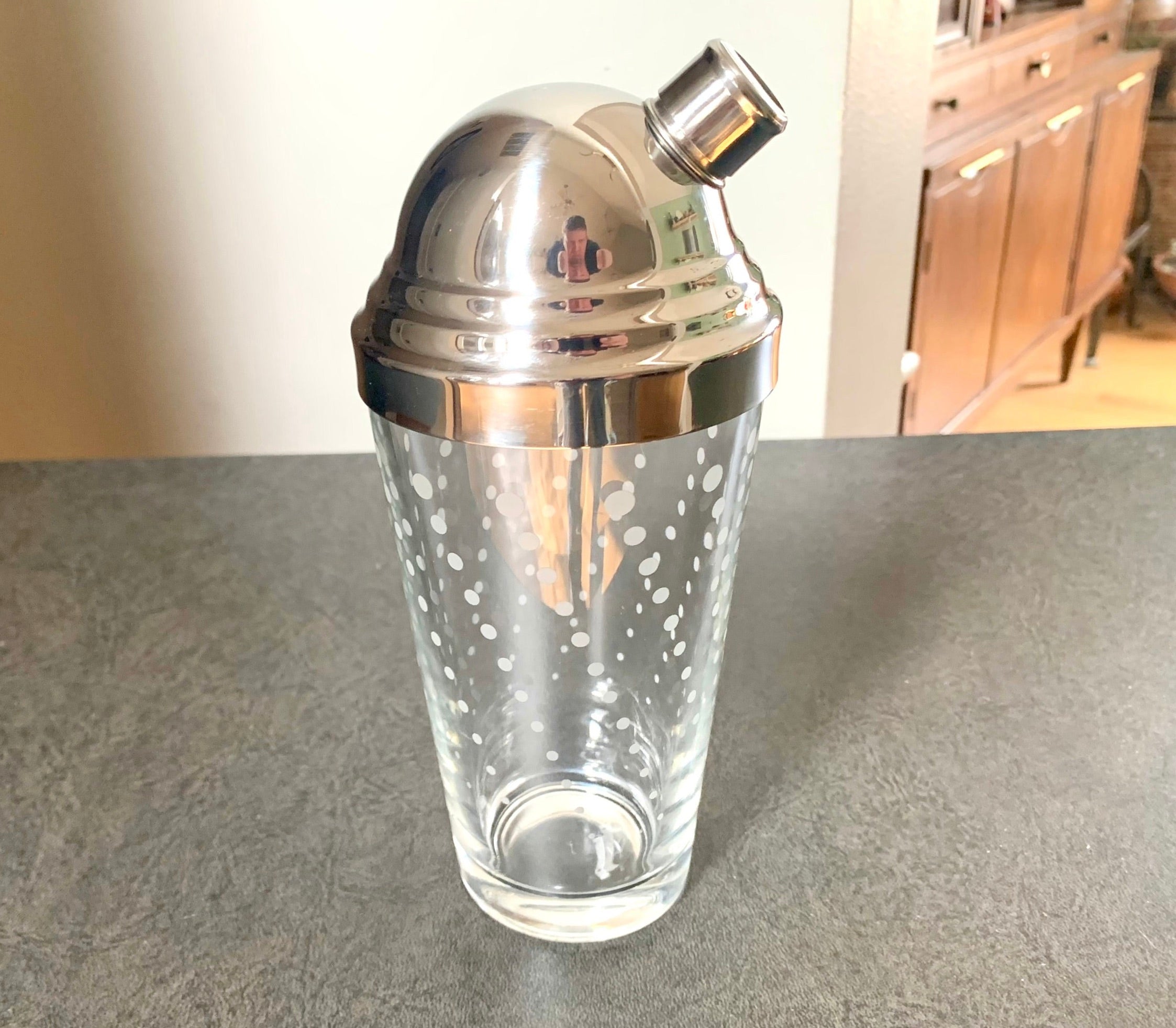 MCM Libby Glass Poka Dot Cocktail Shaker | MCM Glass and Chrome Shaker | Libby Glass Barware | MCM batware Shaker