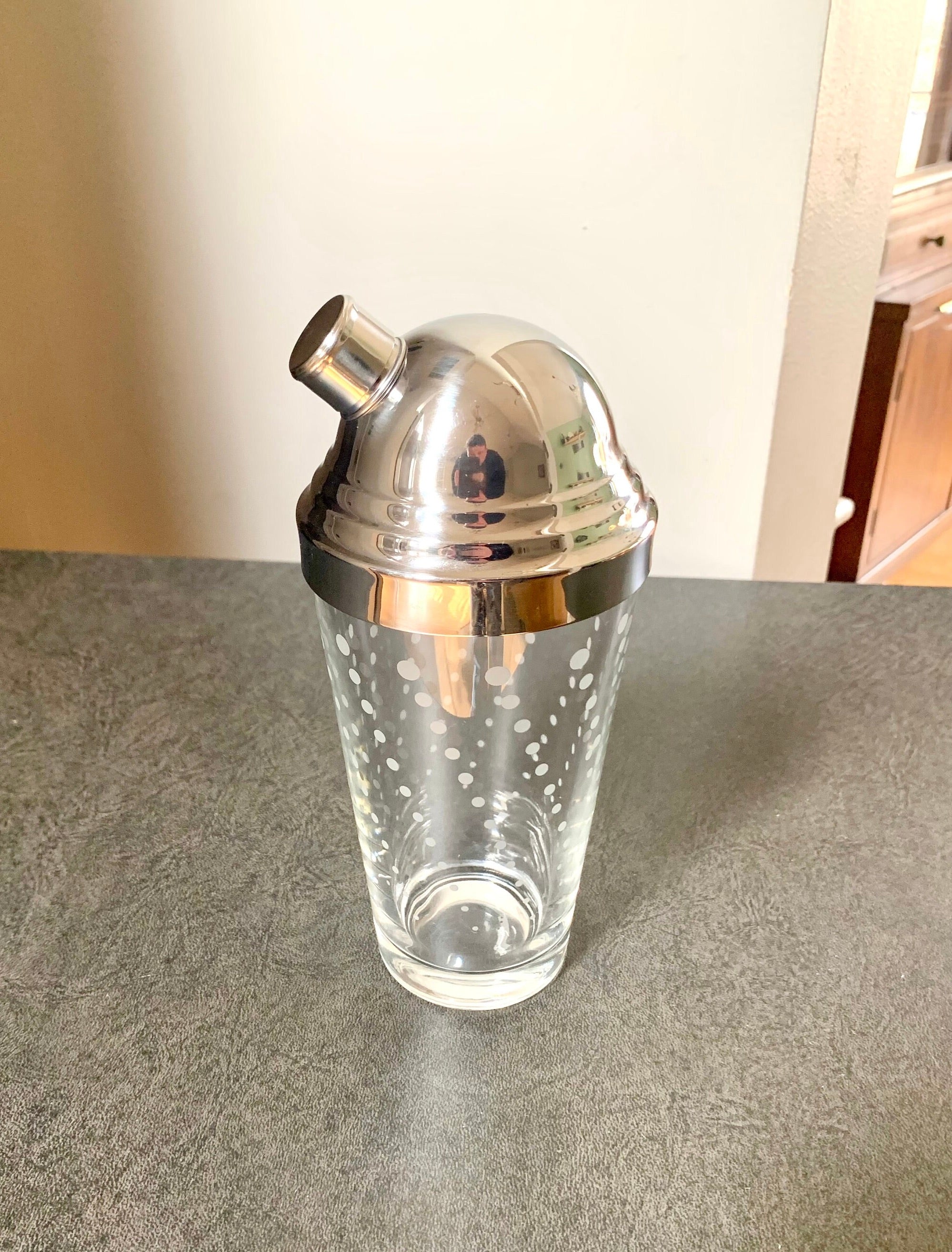 MCM Libby Glass Poka Dot Cocktail Shaker | MCM Glass and Chrome Shaker | Libby Glass Barware | MCM batware Shaker