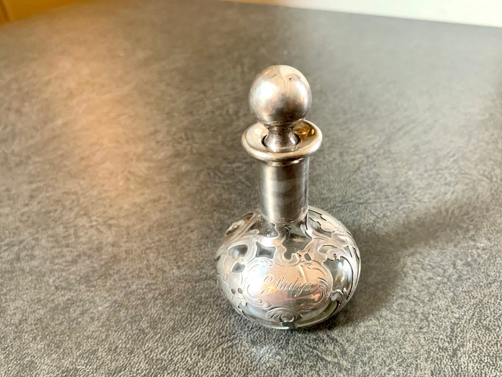 Antique Art Nouveau Sterling Silver Overlay Glass Perfume Bottle | Alvin Sterling Silver Overlayed Fragrance Bottle | Monogrammed Gladys