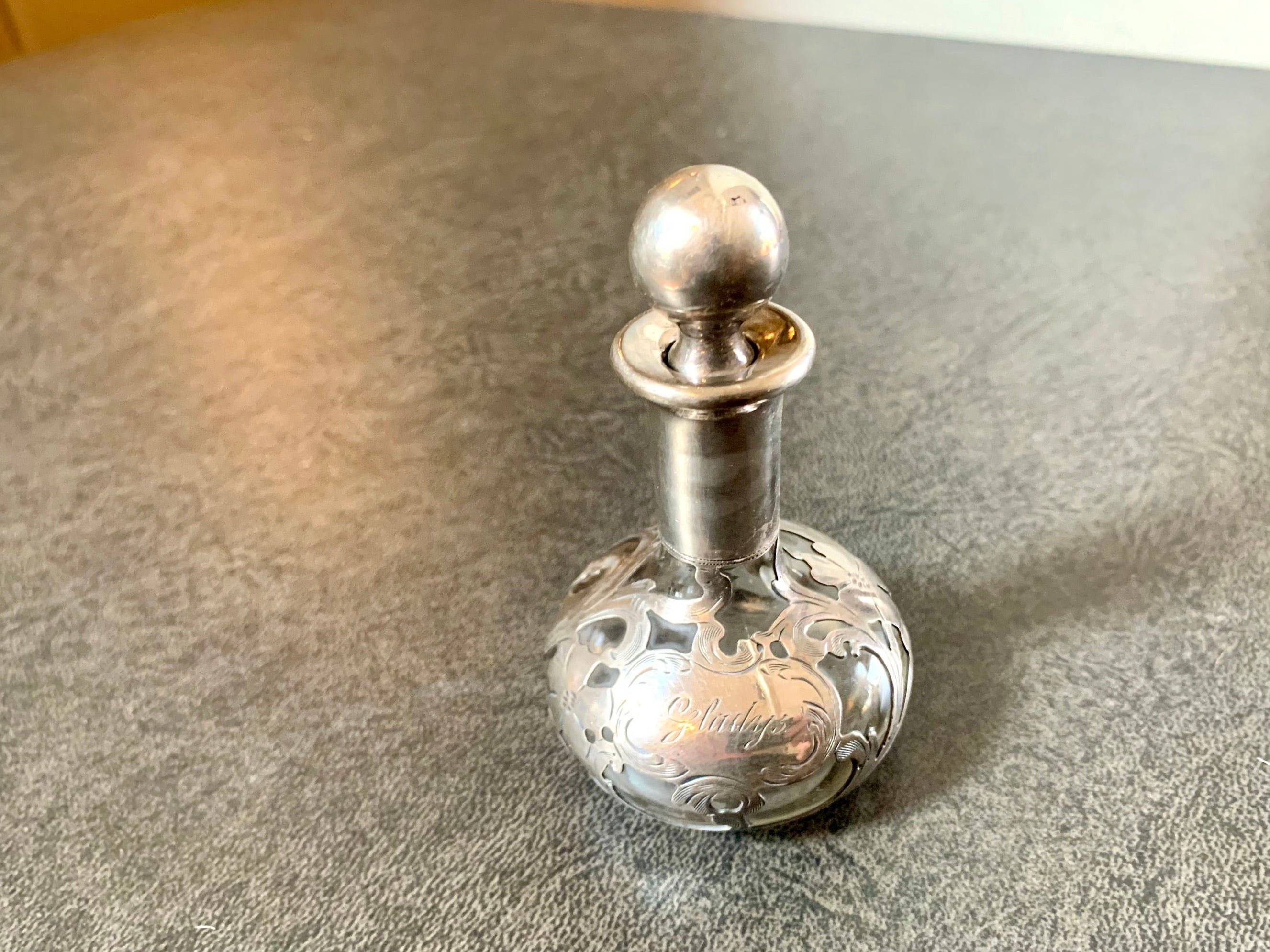 Antique Art Nouveau Sterling Silver Overlay Glass Perfume Bottle | Alvin Sterling Silver Overlayed Fragrance Bottle | Monogrammed Gladys