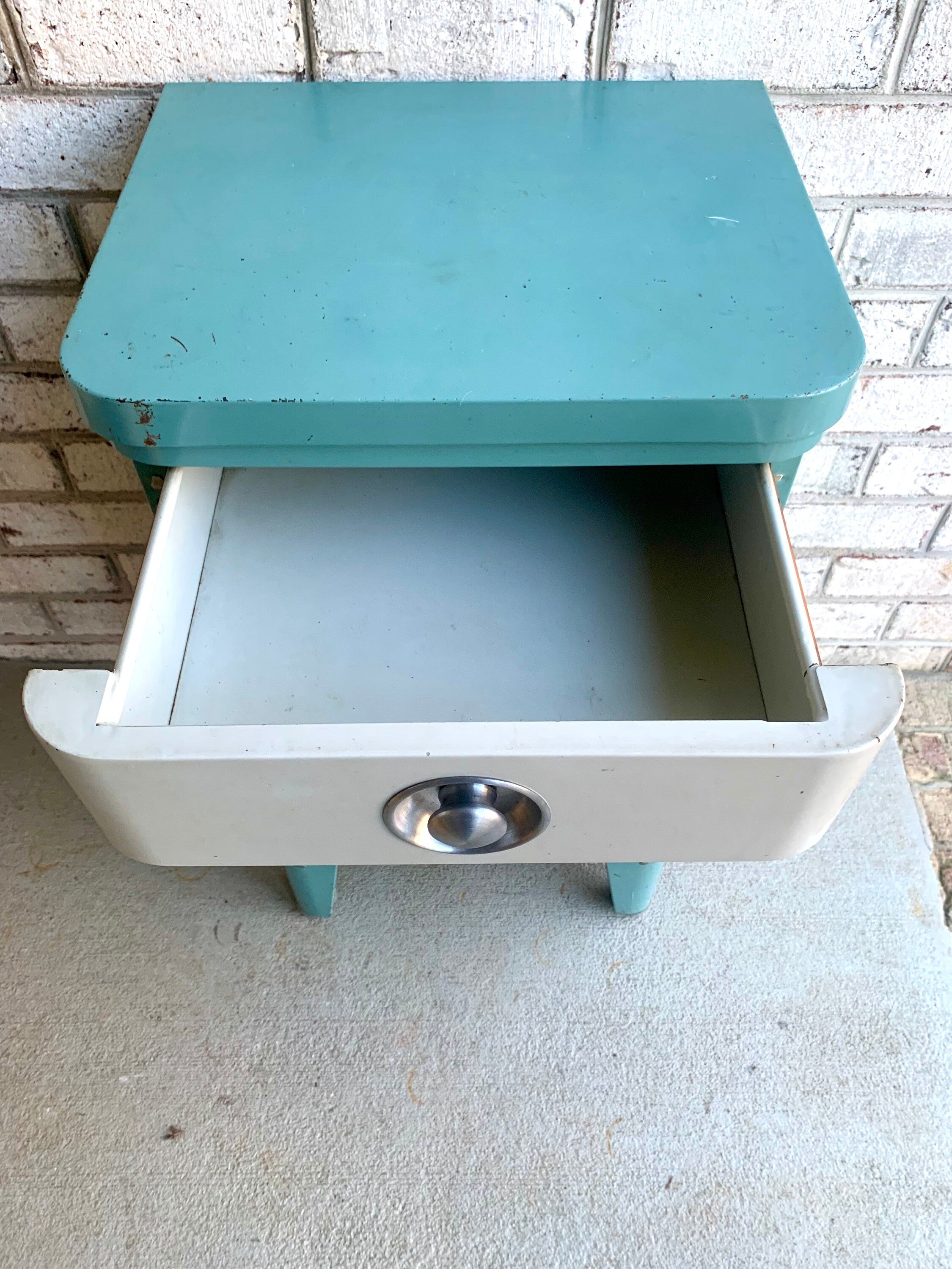 Vtg Norman Bel Geddes Art Deco Night Stand | Turquoise Bel Geddes For SImmons Furniture Night Stand | Art Deco Metal Stand With Drawer