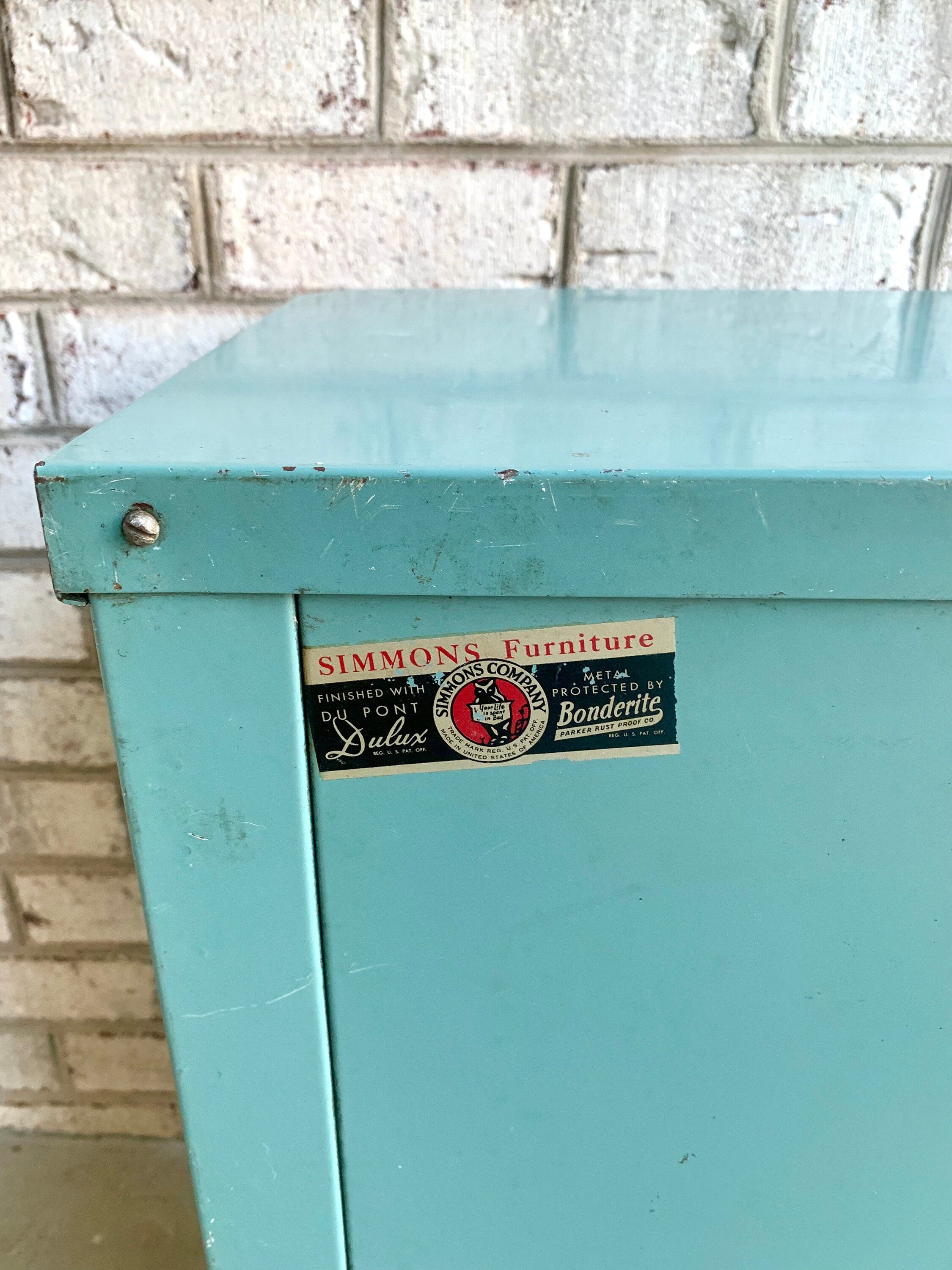Vtg Norman Bel Geddes Art Deco Night Stand | Turquoise Bel Geddes For SImmons Furniture Night Stand | Art Deco Metal Stand With Drawer