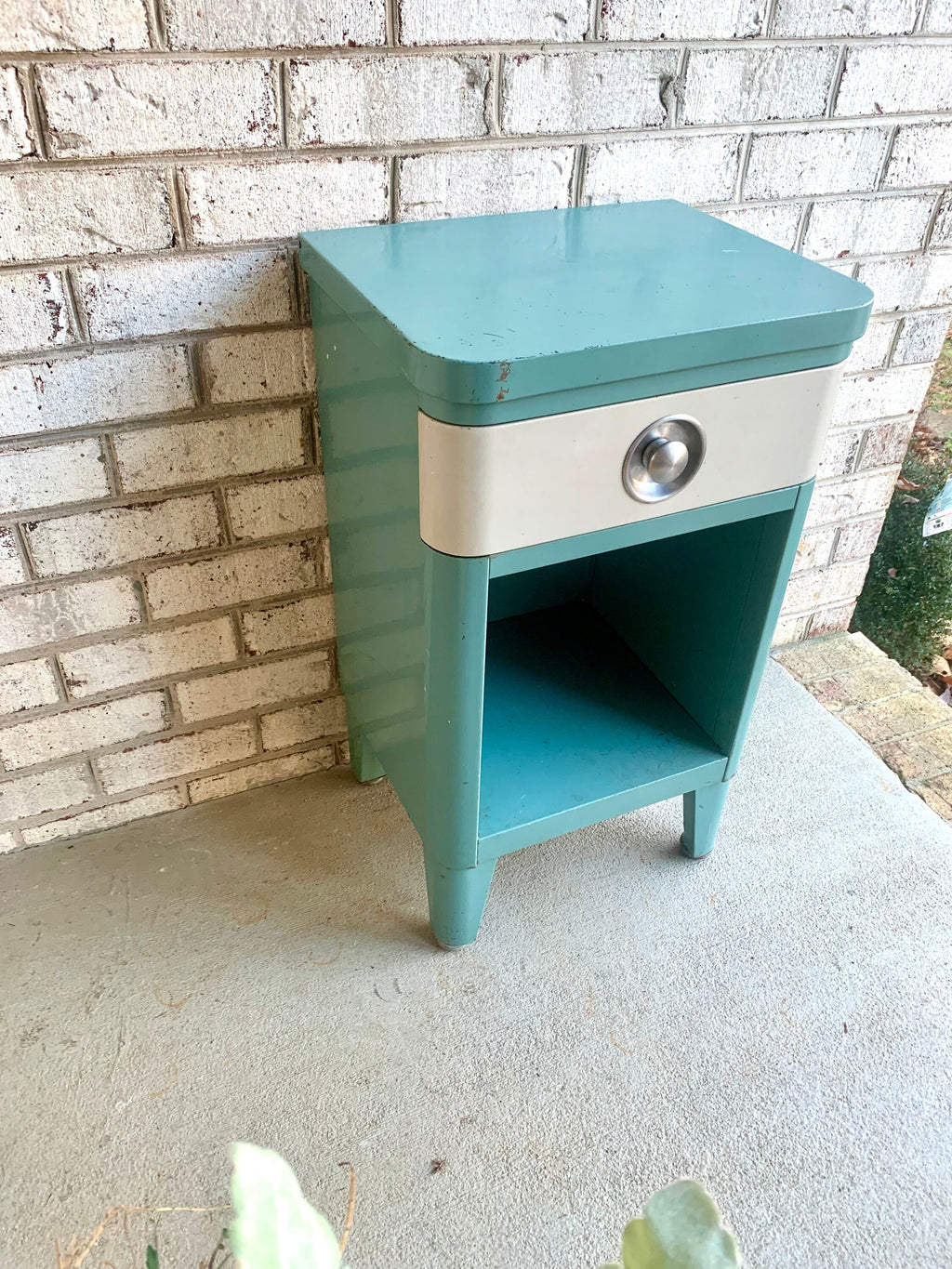 Vtg Norman Bel Geddes Art Deco Night Stand | Turquoise Bel Geddes For SImmons Furniture Night Stand | Art Deco Metal Stand With Drawer