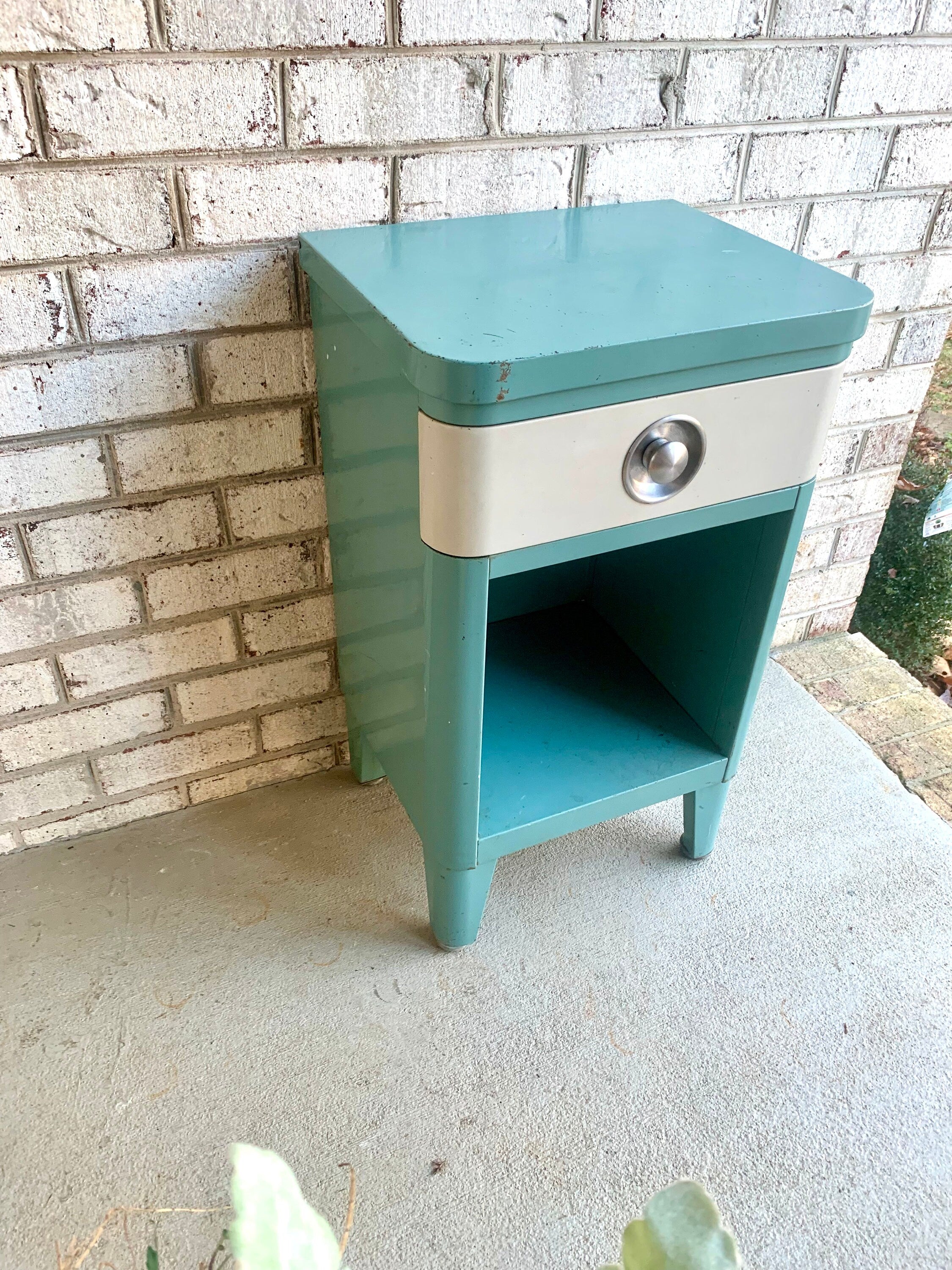 Vtg Norman Bel Geddes Art Deco Night Stand | Turquoise Bel Geddes For SImmons Furniture Night Stand | Art Deco Metal Stand With Drawer