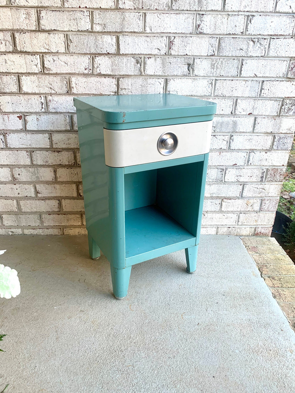 Vtg Norman Bel Geddes Art Deco Night Stand | Turquoise Bel Geddes For SImmons Furniture Night Stand | Art Deco Metal Stand With Drawer