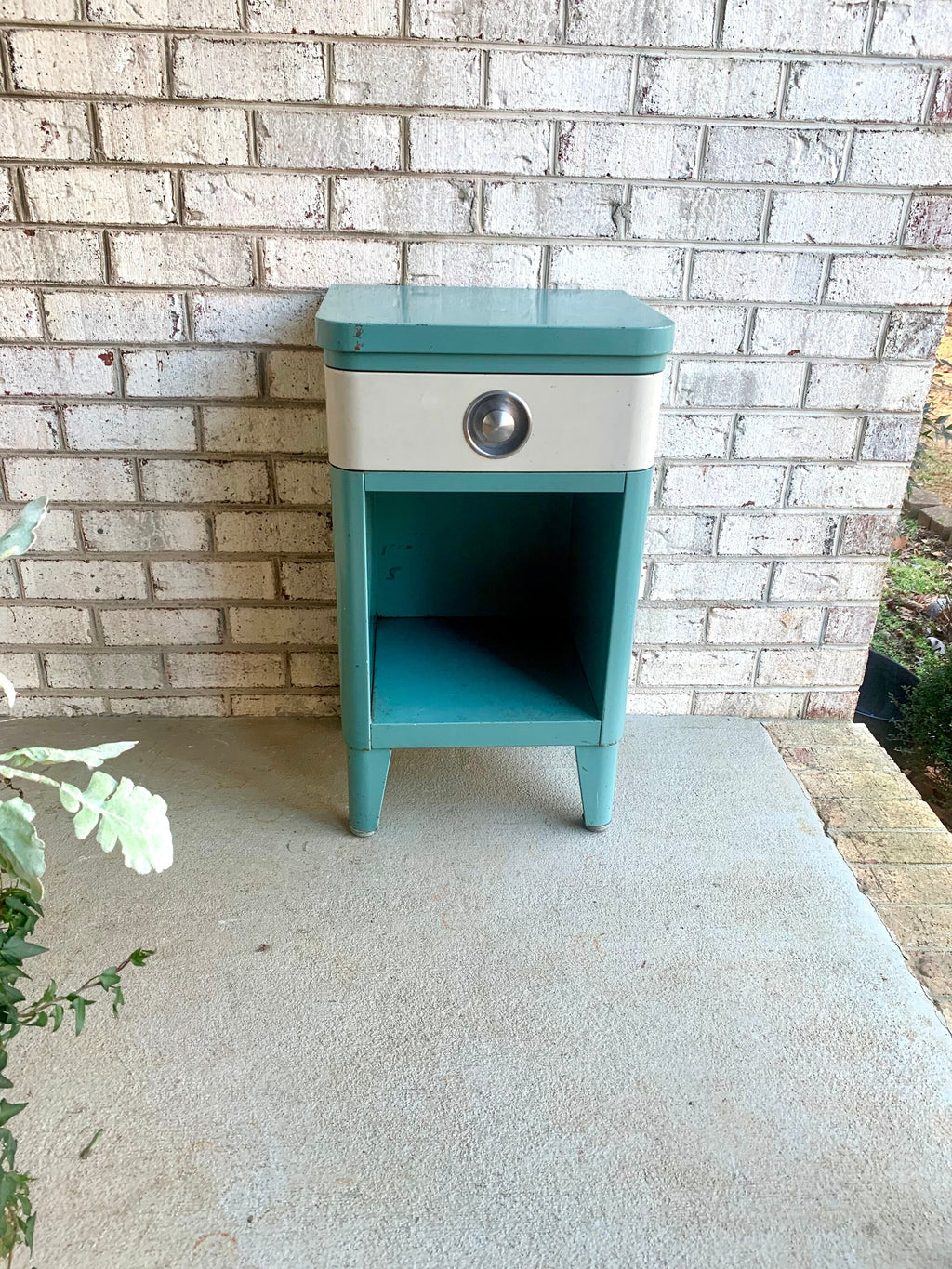 Vtg Norman Bel Geddes Art Deco Night Stand | Turquoise Bel Geddes For SImmons Furniture Night Stand | Art Deco Metal Stand With Drawer