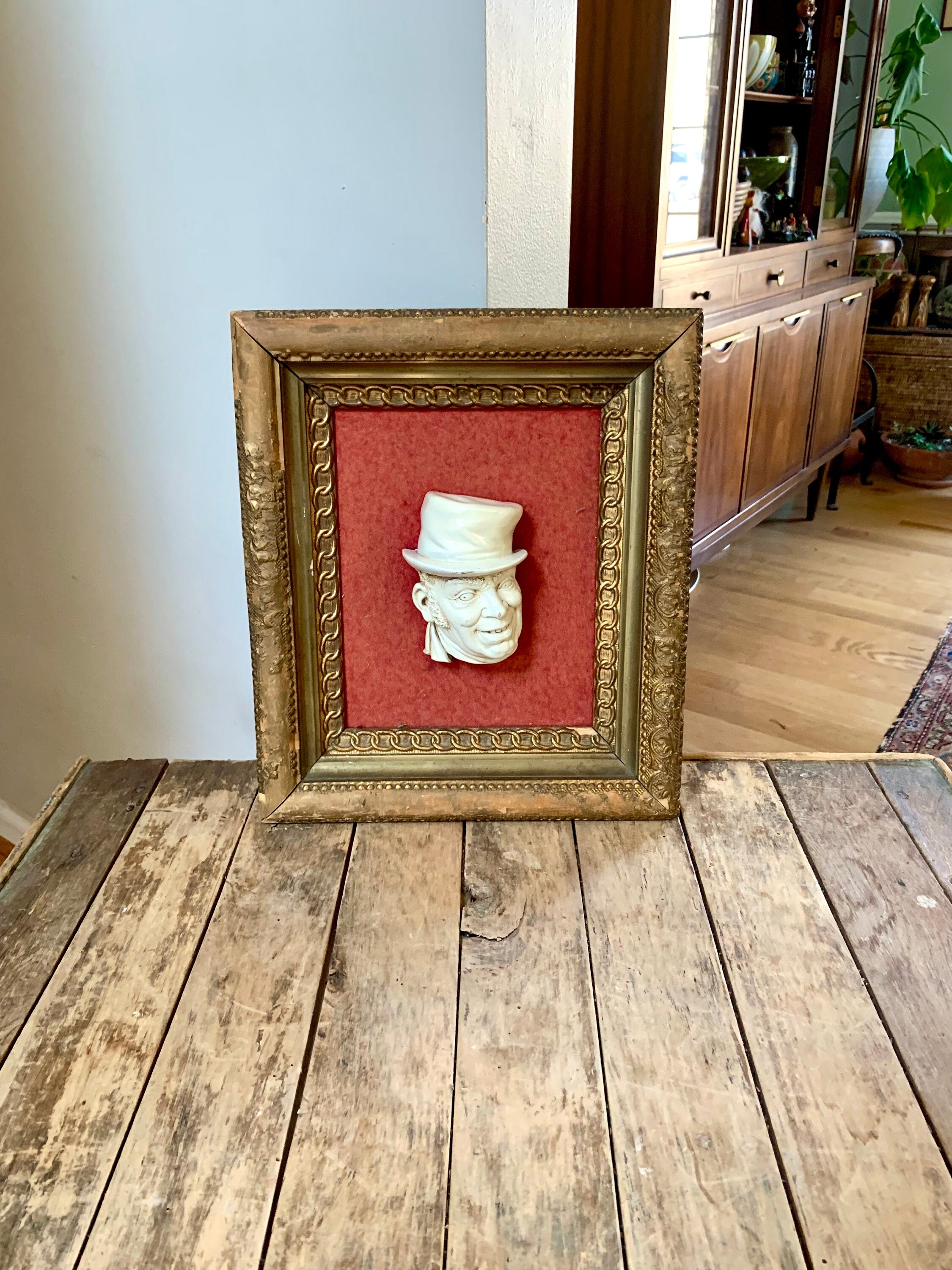 Vintage Framed Bossons Man in Top Hat | Framed Head Figurine | Distressed Framed Bossons Head Rare Bossons Wall Hanging | A Christmas Carol