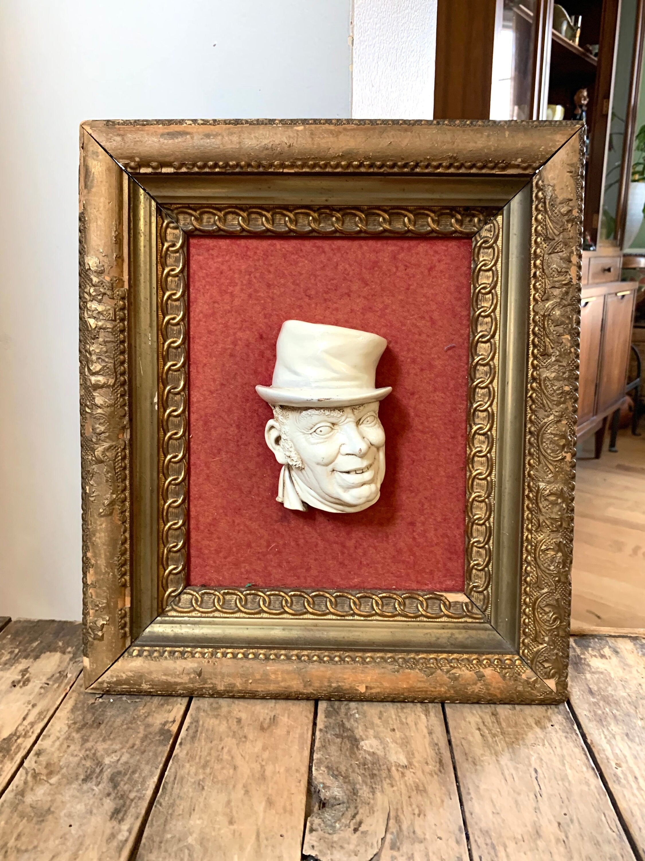 Vintage Framed Bossons Man in Top Hat | Framed Head Figurine | Distressed Framed Bossons Head Rare Bossons Wall Hanging | A Christmas Carol