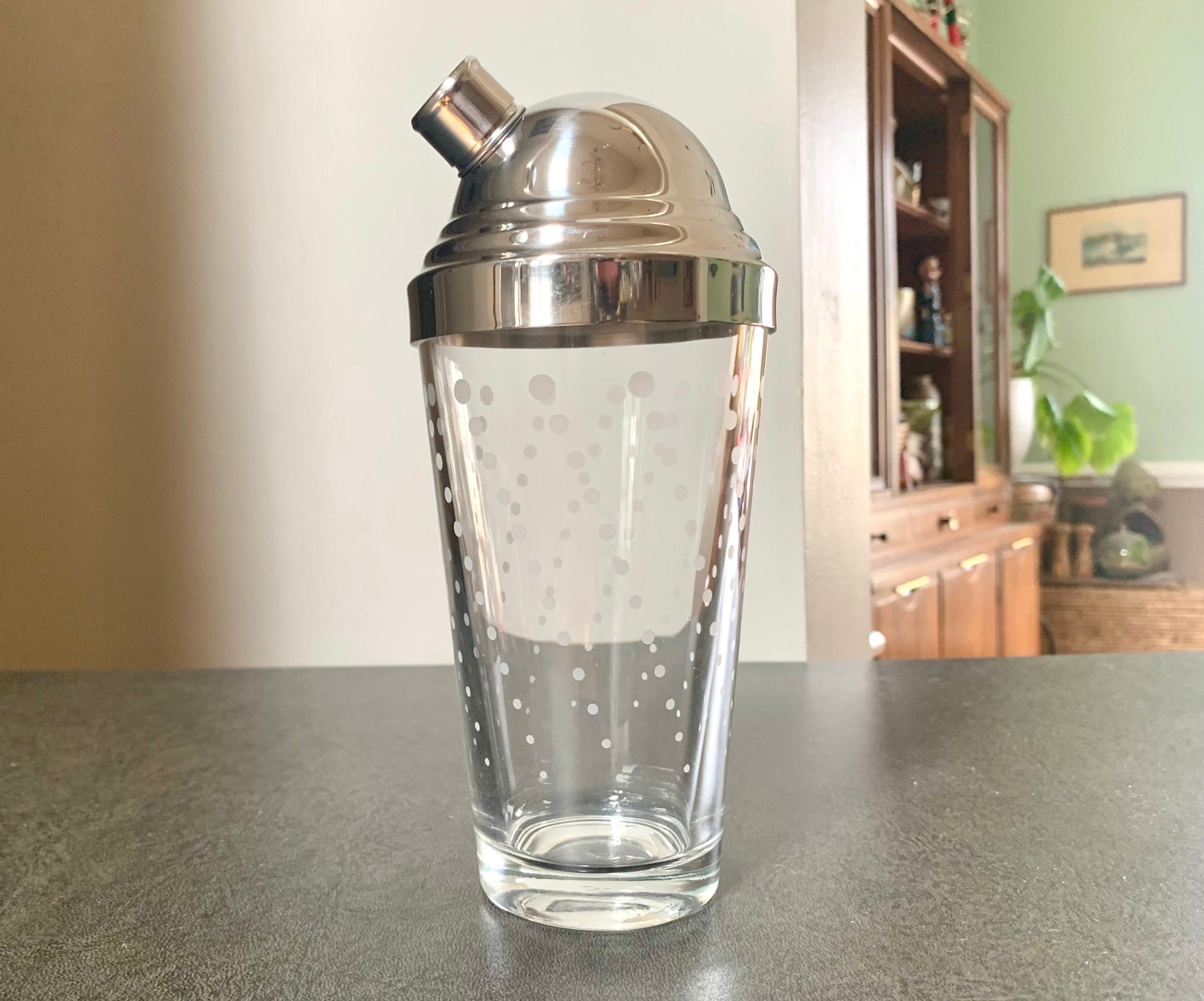 MCM Libby Glass Poka Dot Cocktail Shaker | MCM Glass and Chrome Shaker | Libby Glass Barware | MCM batware Shaker