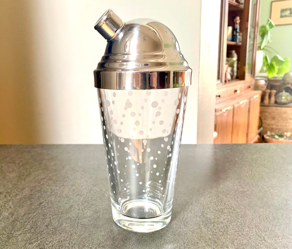 MCM Libby Glass Poka Dot Cocktail Shaker | MCM Glass and Chrome Shaker | Libby Glass Barware | MCM batware Shaker