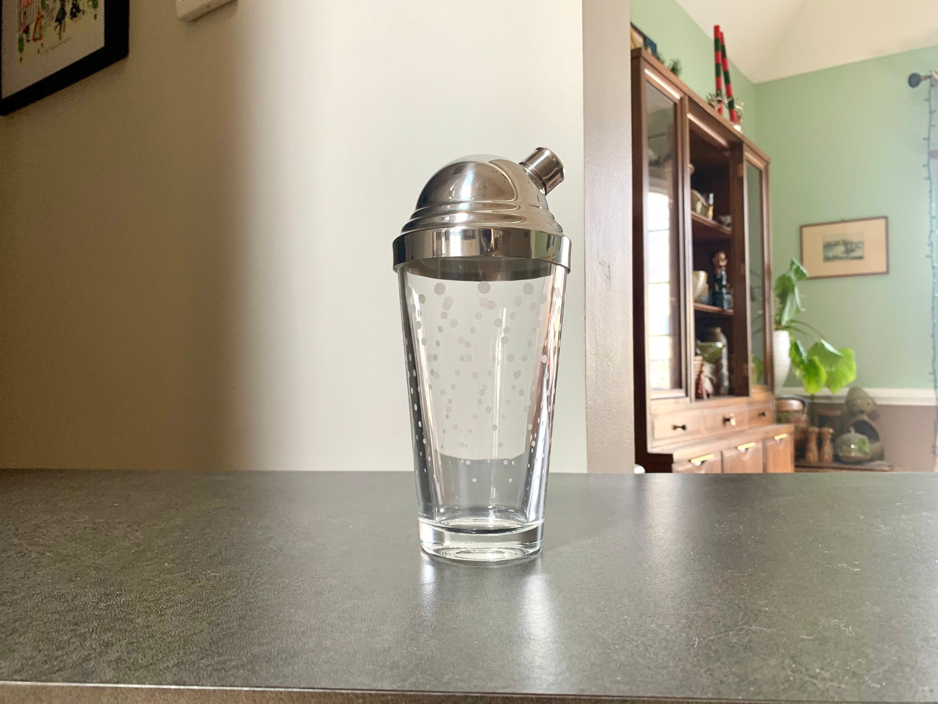 MCM Libby Glass Poka Dot Cocktail Shaker | MCM Glass and Chrome Shaker | Libby Glass Barware | MCM batware Shaker
