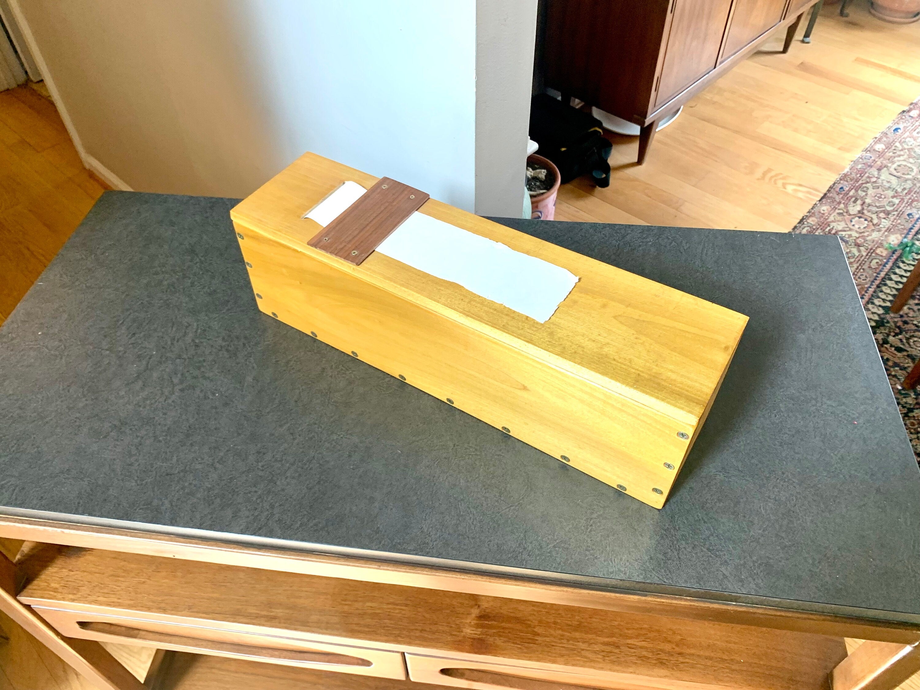 Vtg Wood Reciept Box | Hand Wrote Receipt Box | Sticker Dispense Box | Note Taking Box