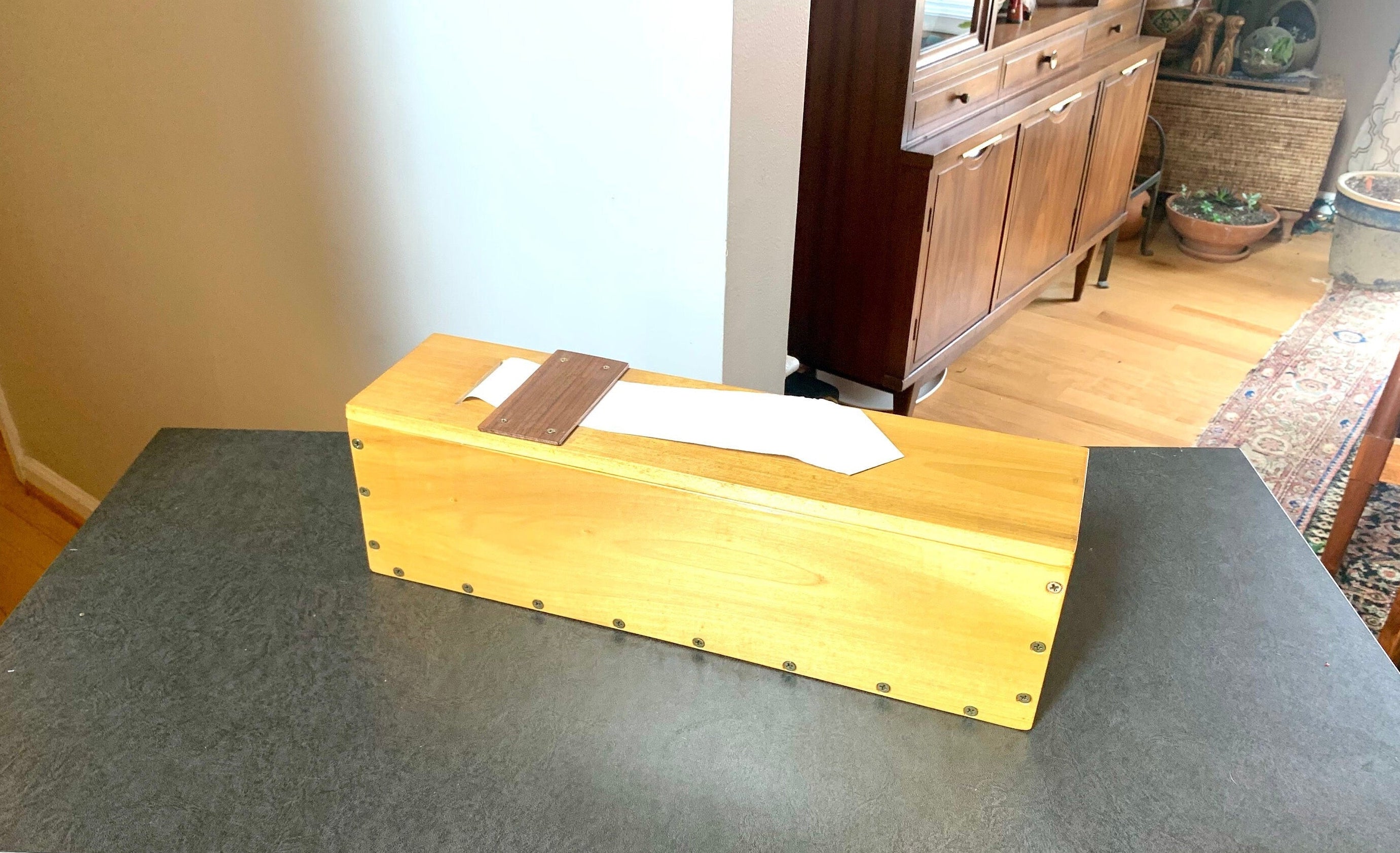 Vtg Wood Reciept Box | Hand Wrote Receipt Box | Sticker Dispense Box | Note Taking Box