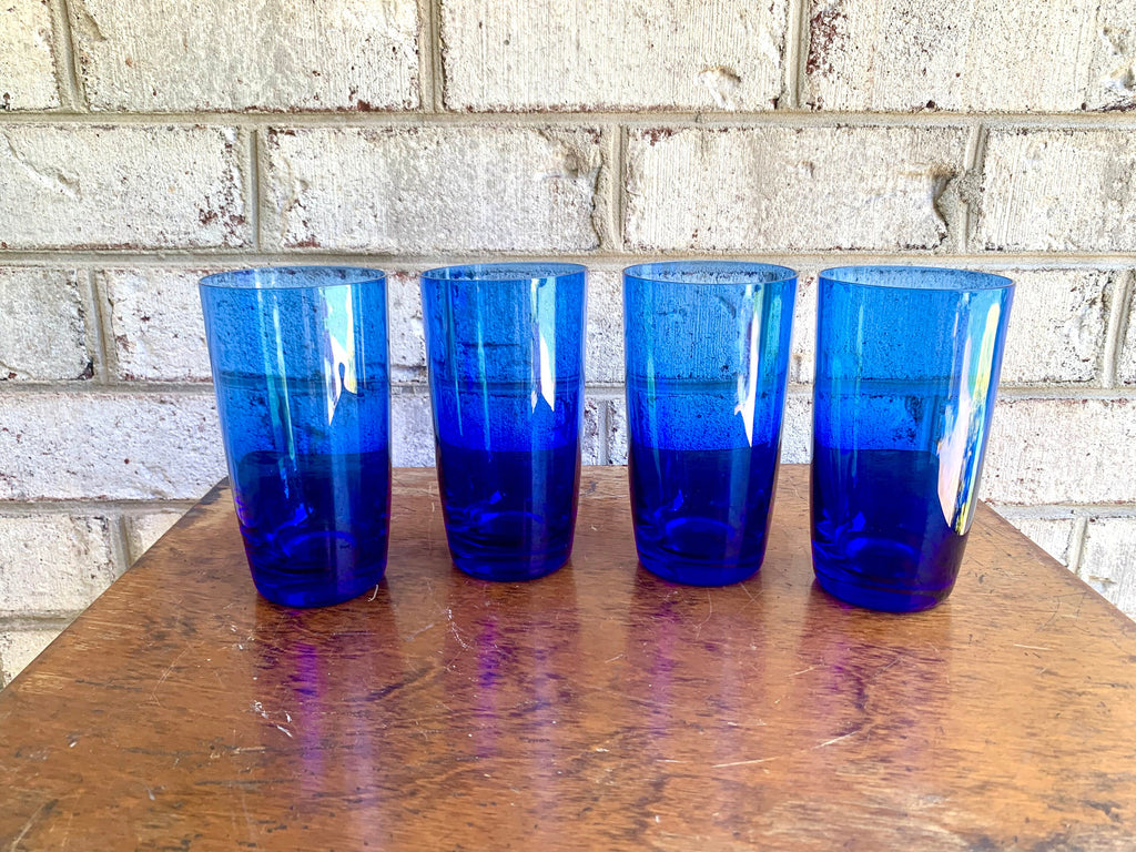 Vintage Set of 4 Colbalt Blue Drinking Glasses | Colbalt Blue Drinking Glasses | Blue Tumbler Glasses