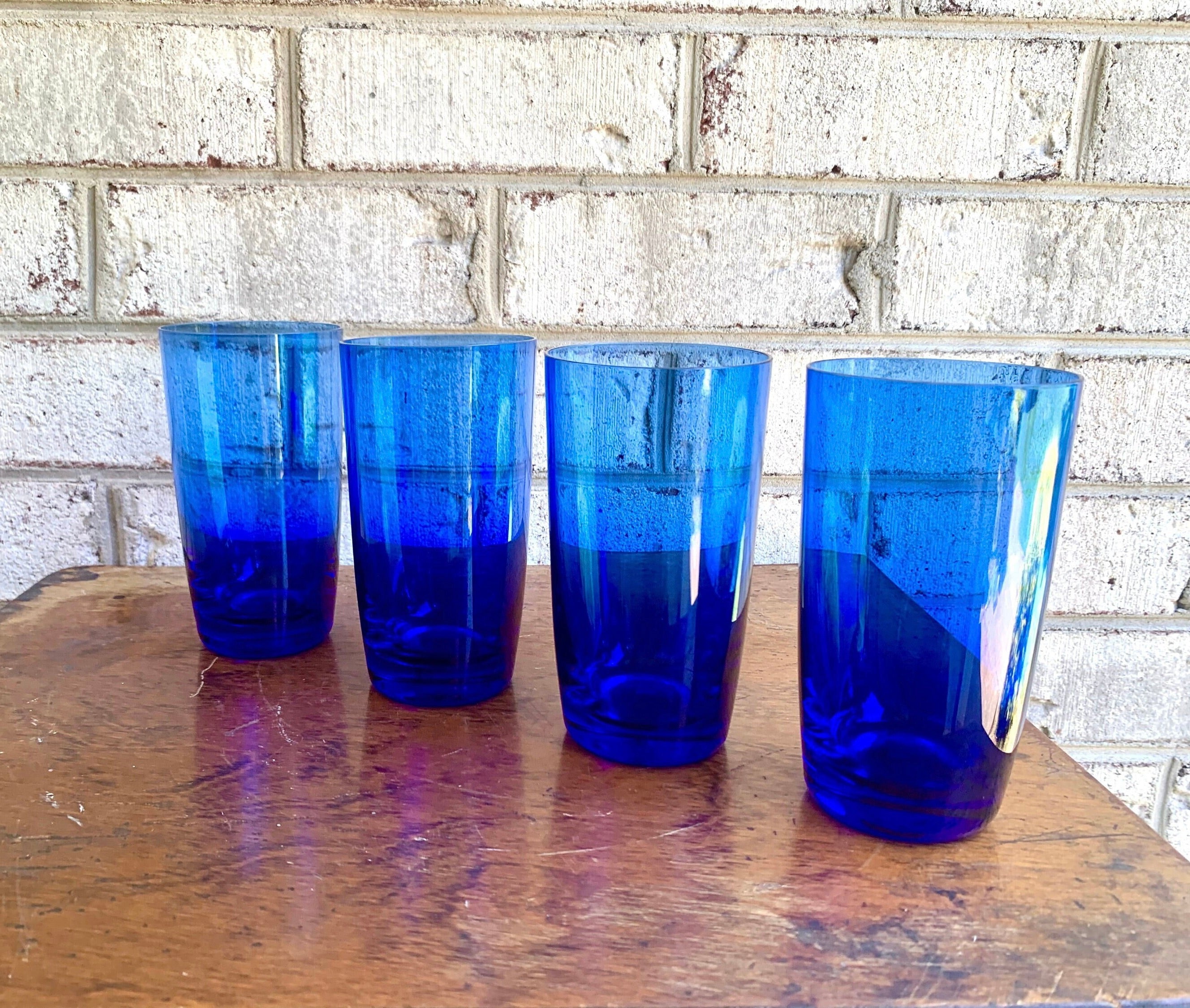 Vintage Set of 4 Colbalt Blue Drinking Glasses | Colbalt Blue Drinking Glasses | Blue Tumbler Glasses
