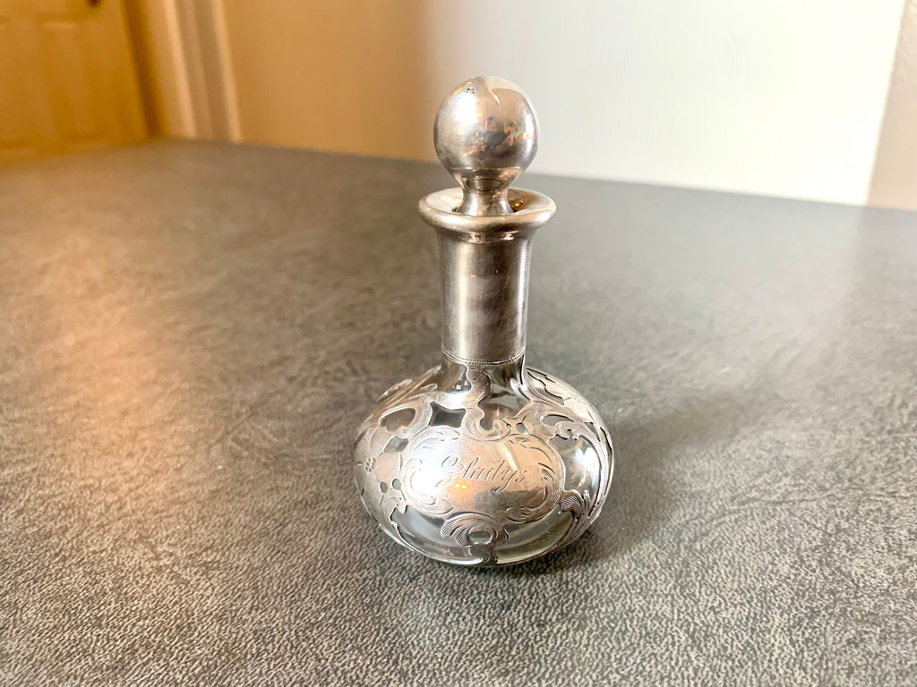 Antique Art Nouveau Sterling Silver Overlay Glass Perfume Bottle | Alvin Sterling Silver Overlayed Fragrance Bottle | Monogrammed Gladys