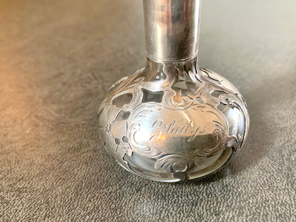 Antique Art Nouveau Sterling Silver Overlay Glass Perfume Bottle | Alvin Sterling Silver Overlayed Fragrance Bottle | Monogrammed Gladys