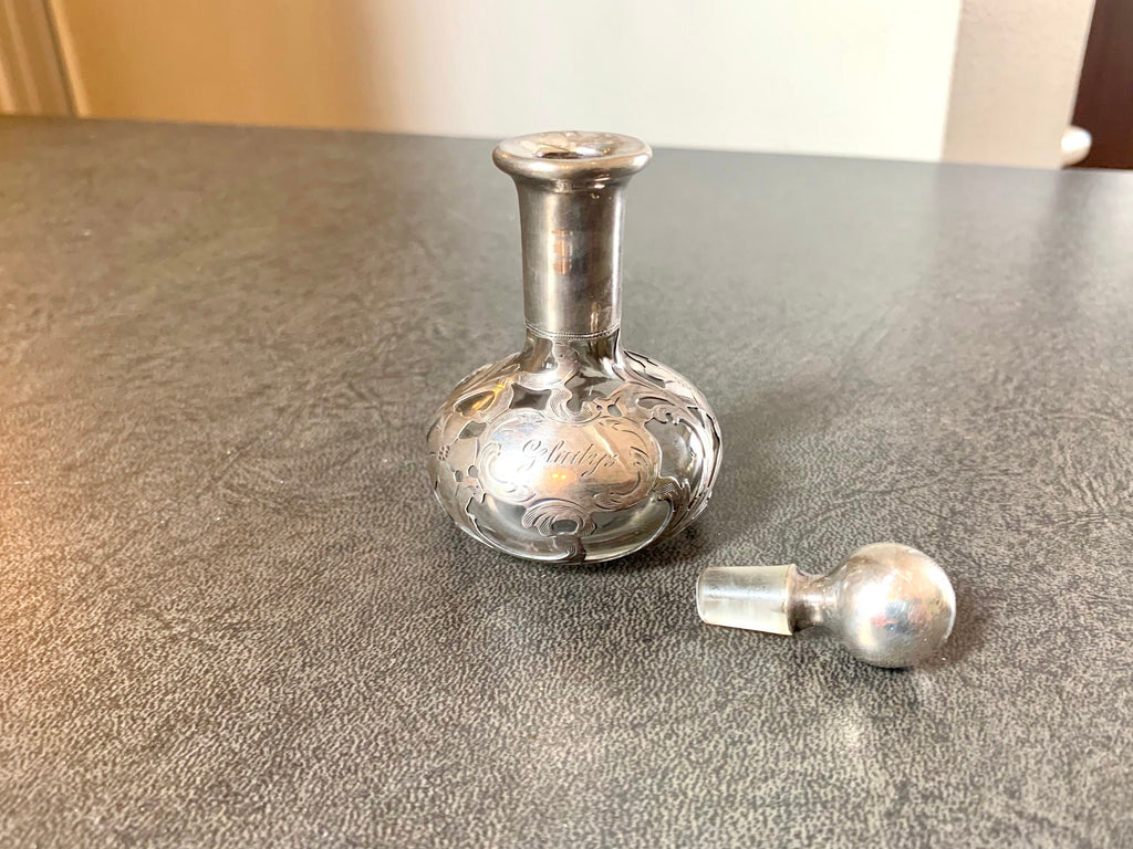Antique Art Nouveau Sterling Silver Overlay Glass Perfume Bottle | Alvin Sterling Silver Overlayed Fragrance Bottle | Monogrammed Gladys