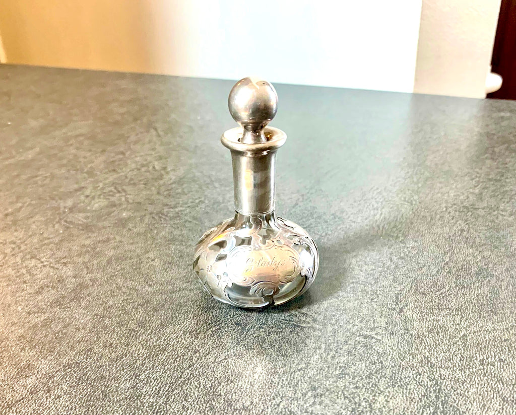 Antique Art Nouveau Sterling Silver Overlay Glass Perfume Bottle | Alvin Sterling Silver Overlayed Fragrance Bottle | Monogrammed Gladys