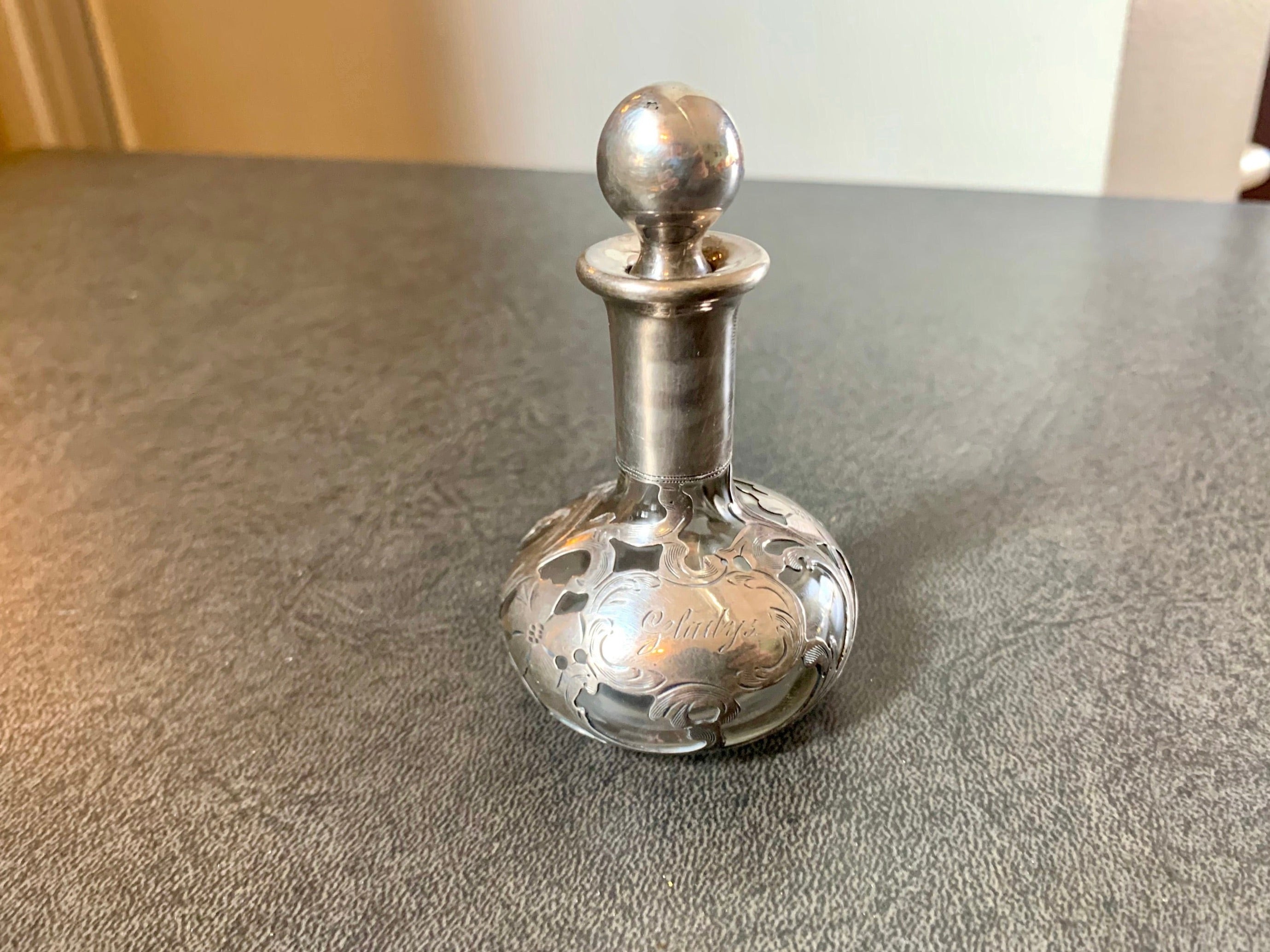Antique Art Nouveau Sterling Silver Overlay Glass Perfume Bottle | Alvin Sterling Silver Overlayed Fragrance Bottle | Monogrammed Gladys