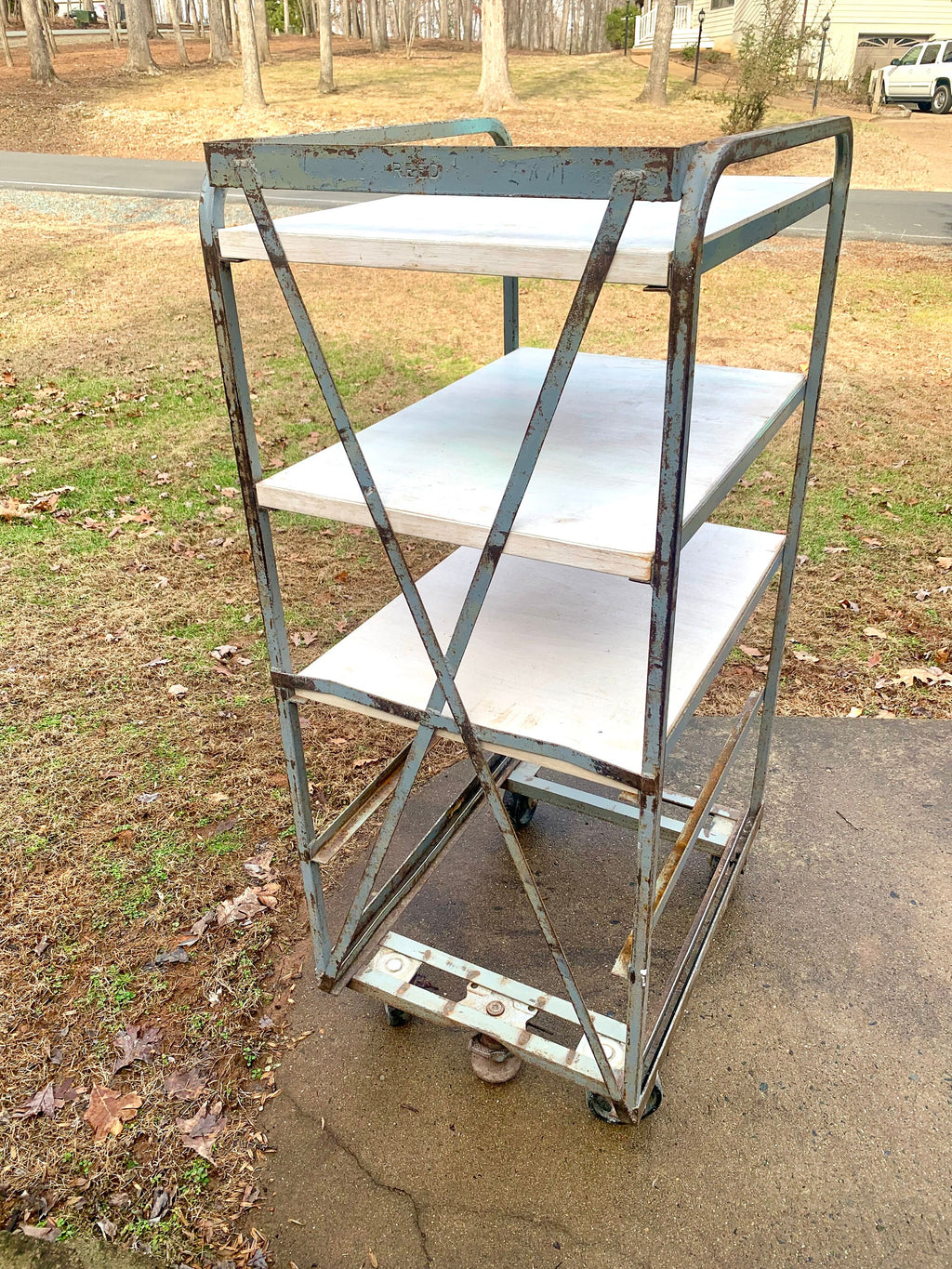 Industrial Rolling Baking Tray Cart | Industrial Pottery Cart | Vtg Distressed REED Metal Cart| Baker's Rack| Rustic Metal Shelf