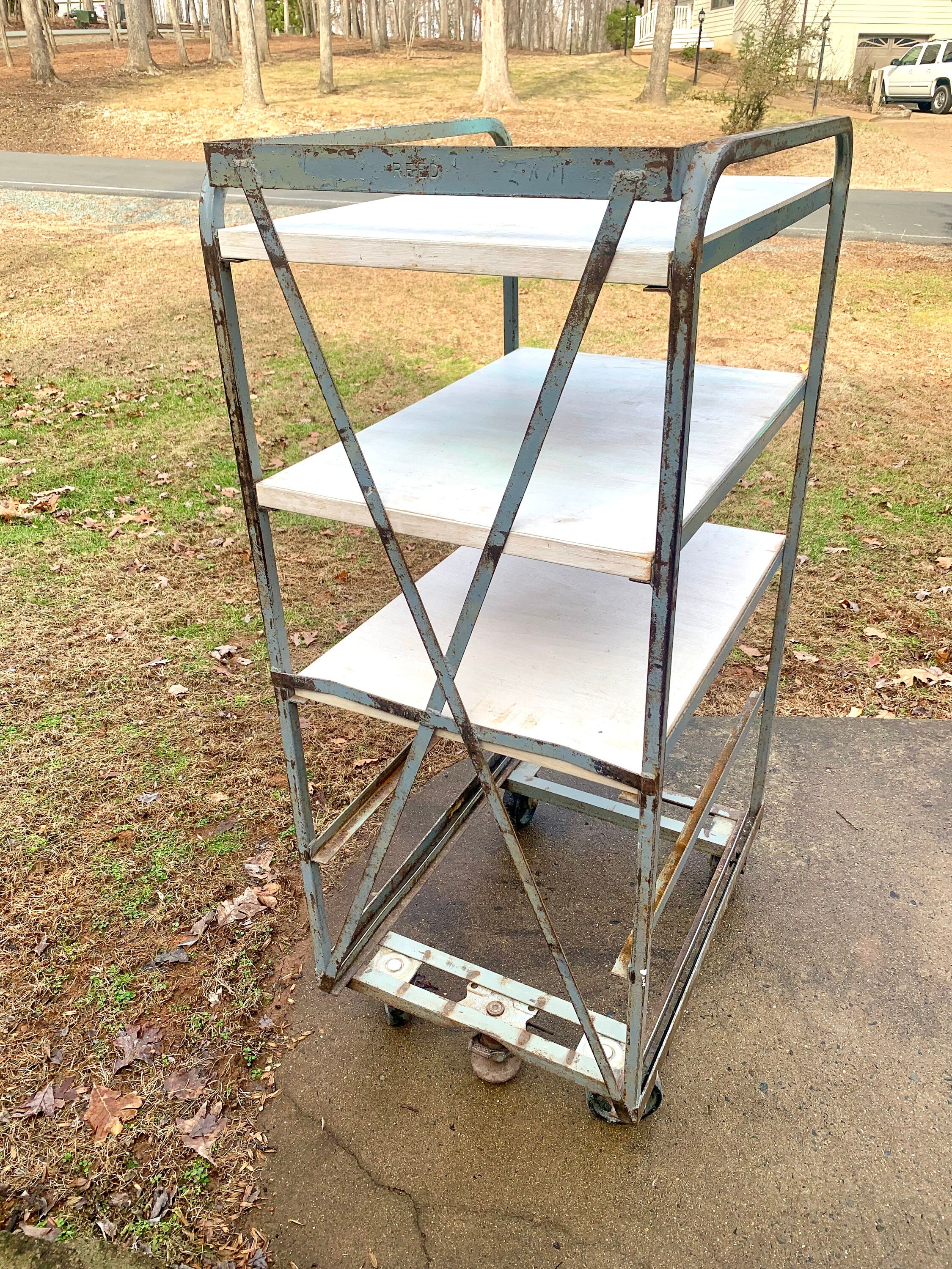Industrial Rolling Baking Tray Cart | Industrial Pottery Cart | Vtg Distressed REED Metal Cart| Baker's Rack| Rustic Metal Shelf