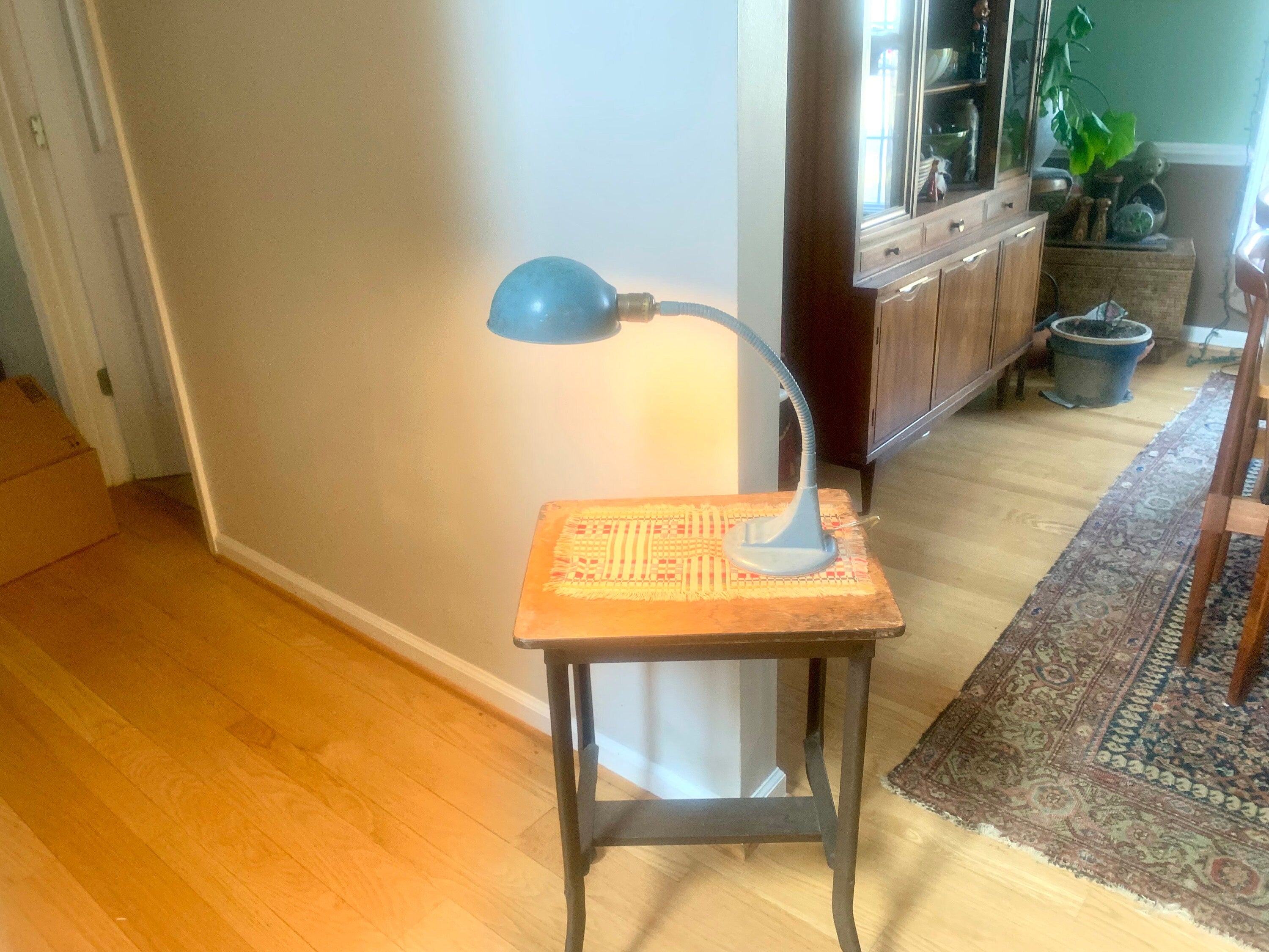 Vintage Blue Goose Neck Lamp | Industrial Flexible Desk Lamp | Blue Adjustable Desk Lamp | Distressed Style Paint Desk Lamp |