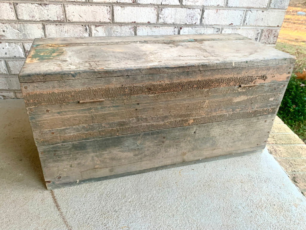 Vintage Wood Carpenter's Tool Chest | Distressed Wood Tool Trunk | Rustic Green Wood Tool Box and Level | Rustic Coffee Table