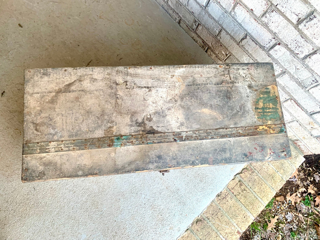 Vintage Wood Carpenter's Tool Chest | Distressed Wood Tool Trunk | Rustic Green Wood Tool Box and Level | Rustic Coffee Table
