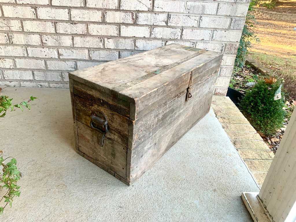 Vintage Wood Carpenter's Tool Chest | Distressed Wood Tool Trunk | Rustic Green Wood Tool Box and Level | Rustic Coffee Table