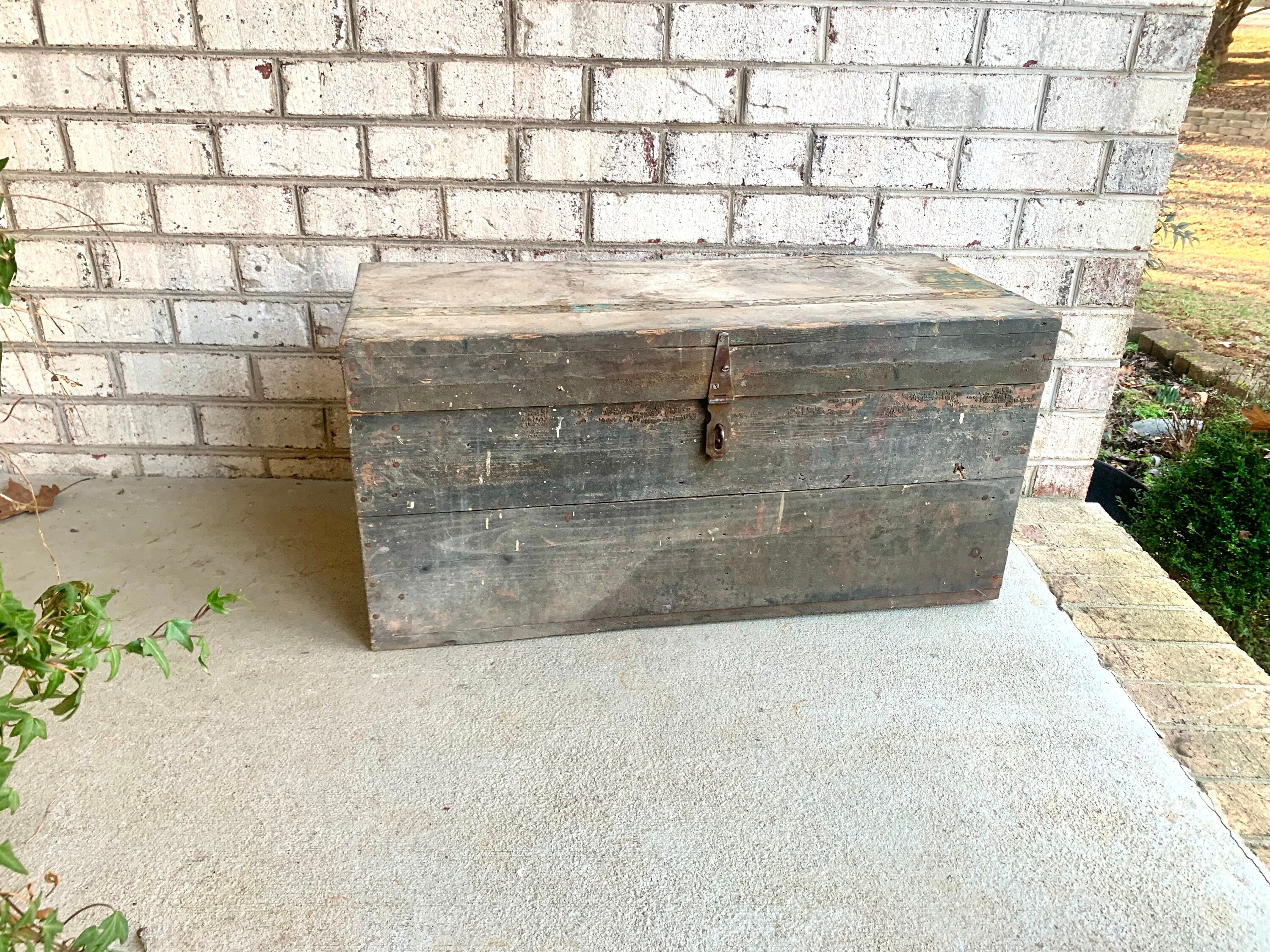 Vintage Wood Carpenter's Tool Chest | Distressed Wood Tool Trunk | Rustic Green Wood Tool Box and Level | Rustic Coffee Table