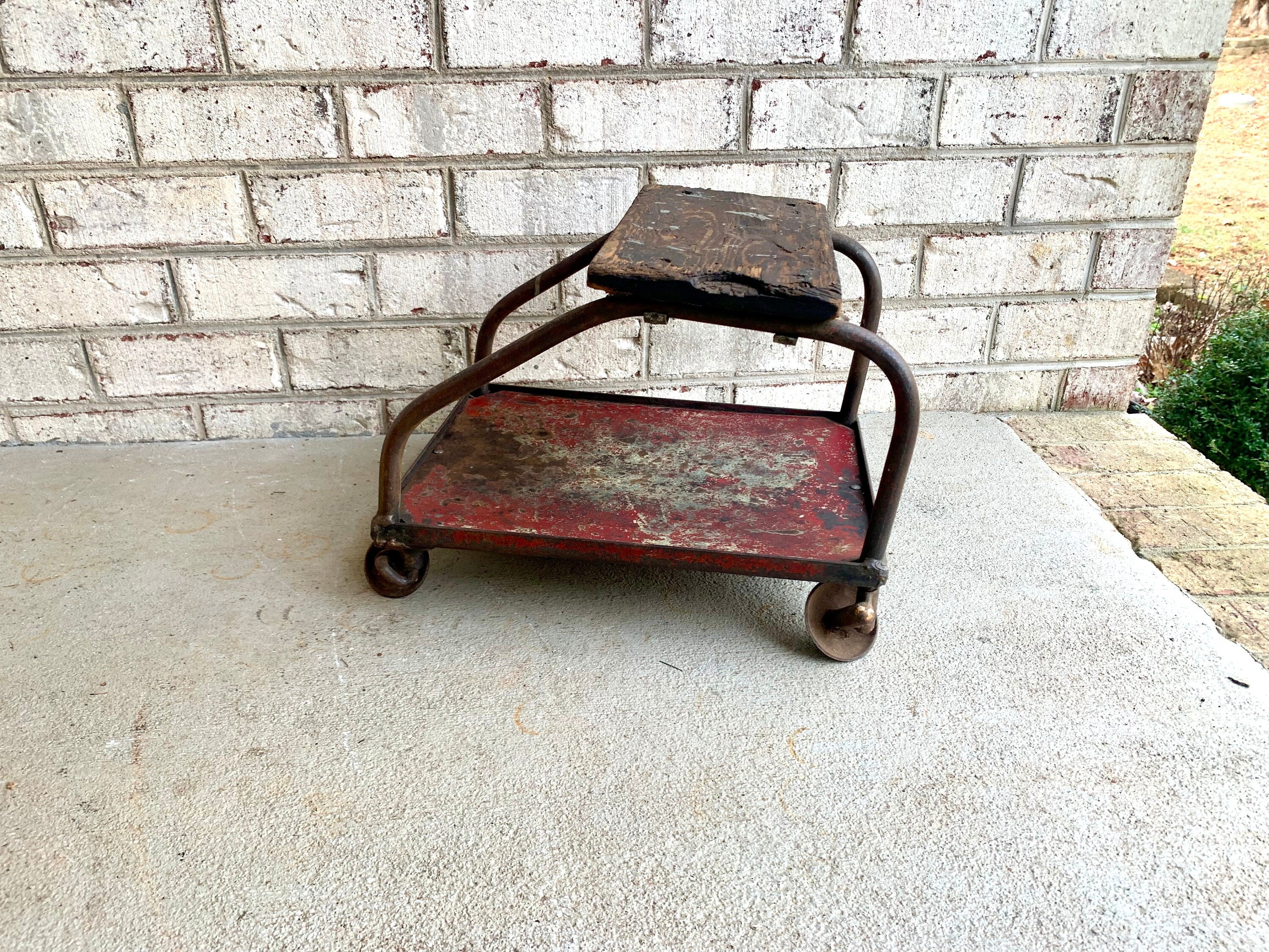 Vintage Distressed Metal Mechanics Stool | Industrial Automotive Rolling Stool | Rustic Metal Wall Decor | Red Distressed Metal Plant Stand