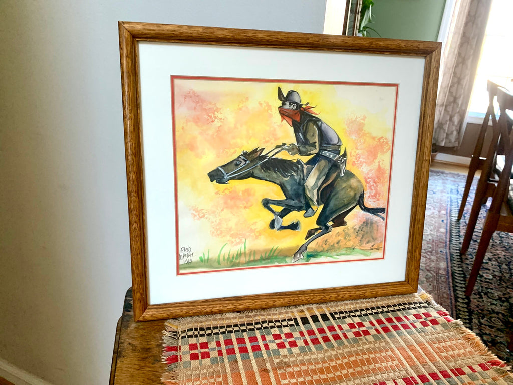 Vintage 1960's Fred Wright Cartoonist Art Work | Fred Wright Riding Cowboy Drawing | Western Cartoon Art | Labor Cartoonist Print | Signed Art