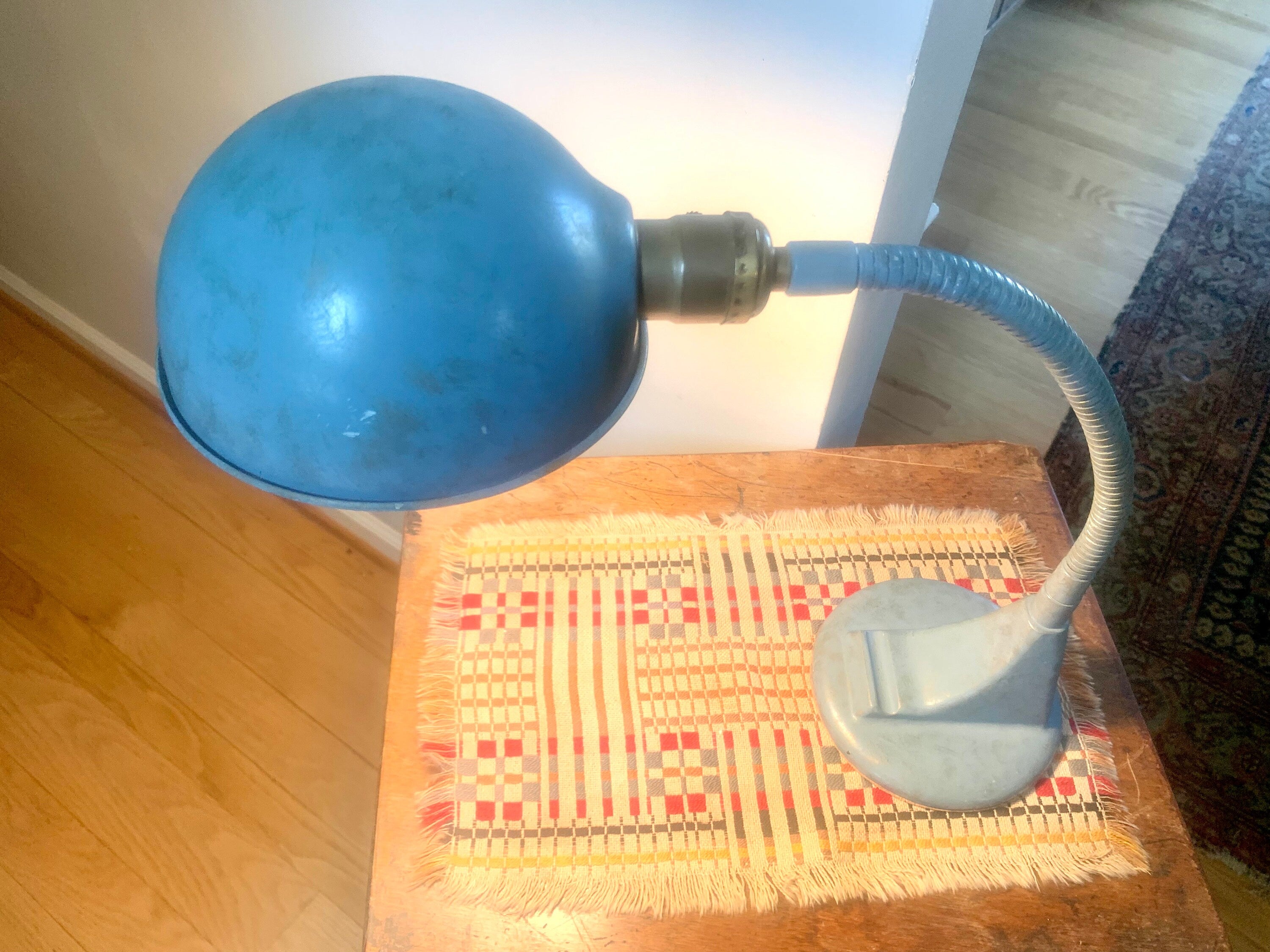 Vintage Blue Goose Neck Lamp | Industrial Flexible Desk Lamp | Blue Adjustable Desk Lamp | Distressed Style Paint Desk Lamp |