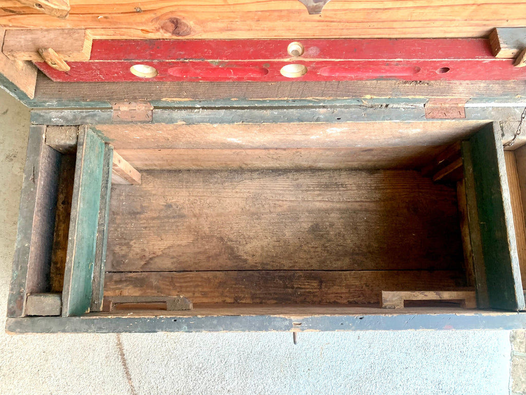 Vintage Wood Carpenter's Tool Chest | Distressed Wood Tool Trunk | Rustic Green Wood Tool Box and Level | Rustic Coffee Table