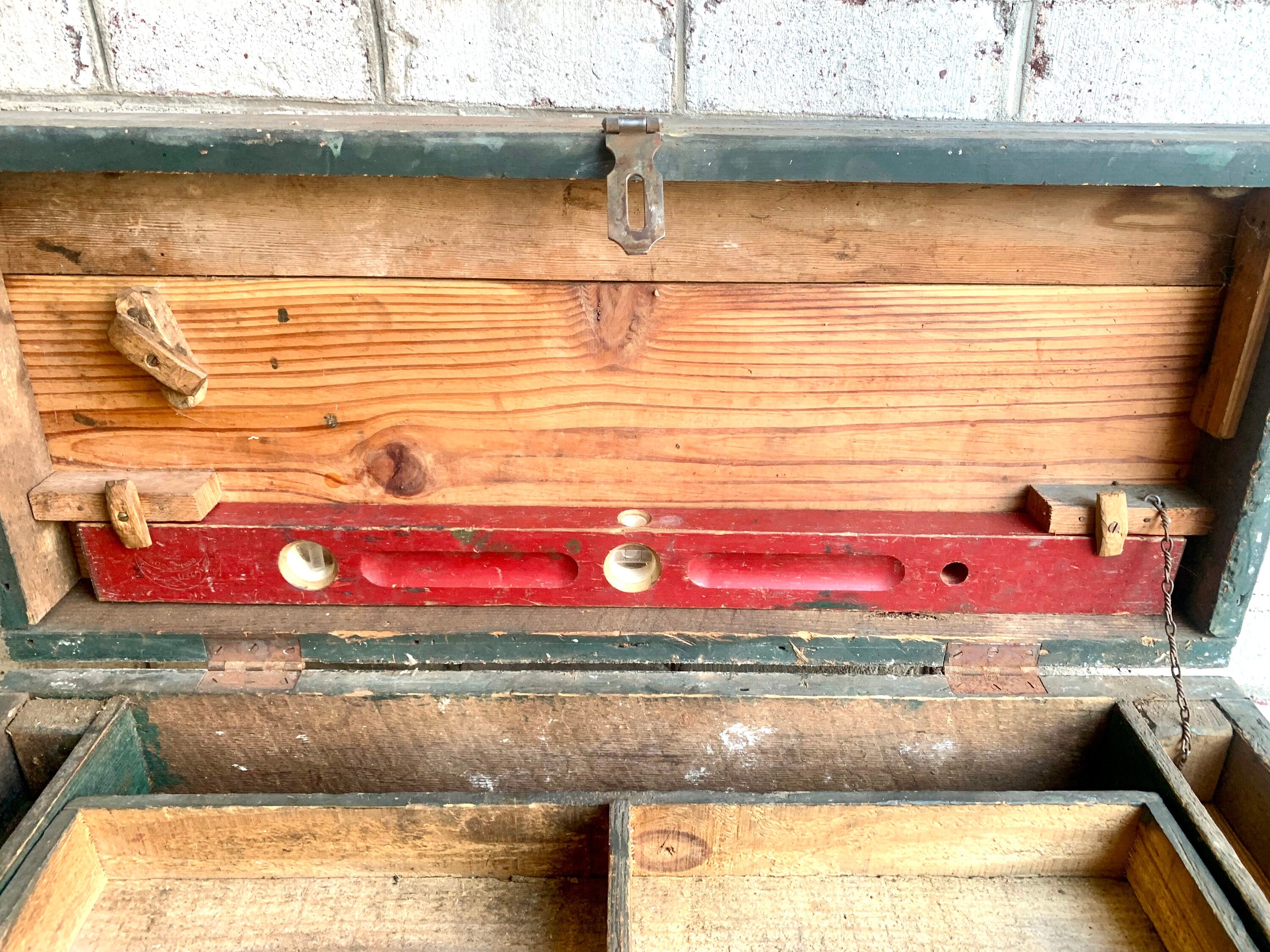 Vintage Wood Carpenter's Tool Chest | Distressed Wood Tool Trunk | Rustic Green Wood Tool Box and Level | Rustic Coffee Table