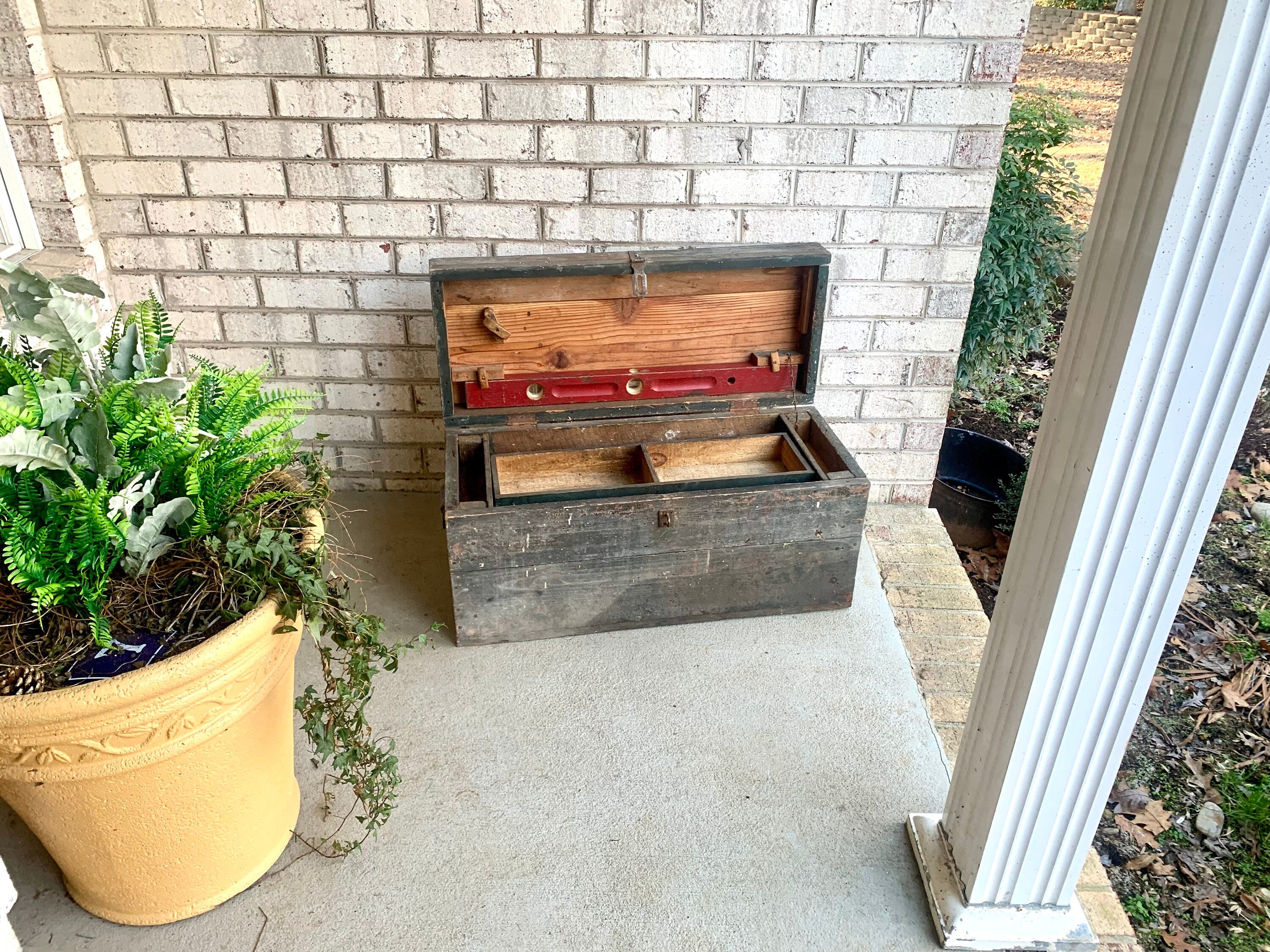 Vintage Wood Carpenter's Tool Chest | Distressed Wood Tool Trunk | Rustic Green Wood Tool Box and Level | Rustic Coffee Table