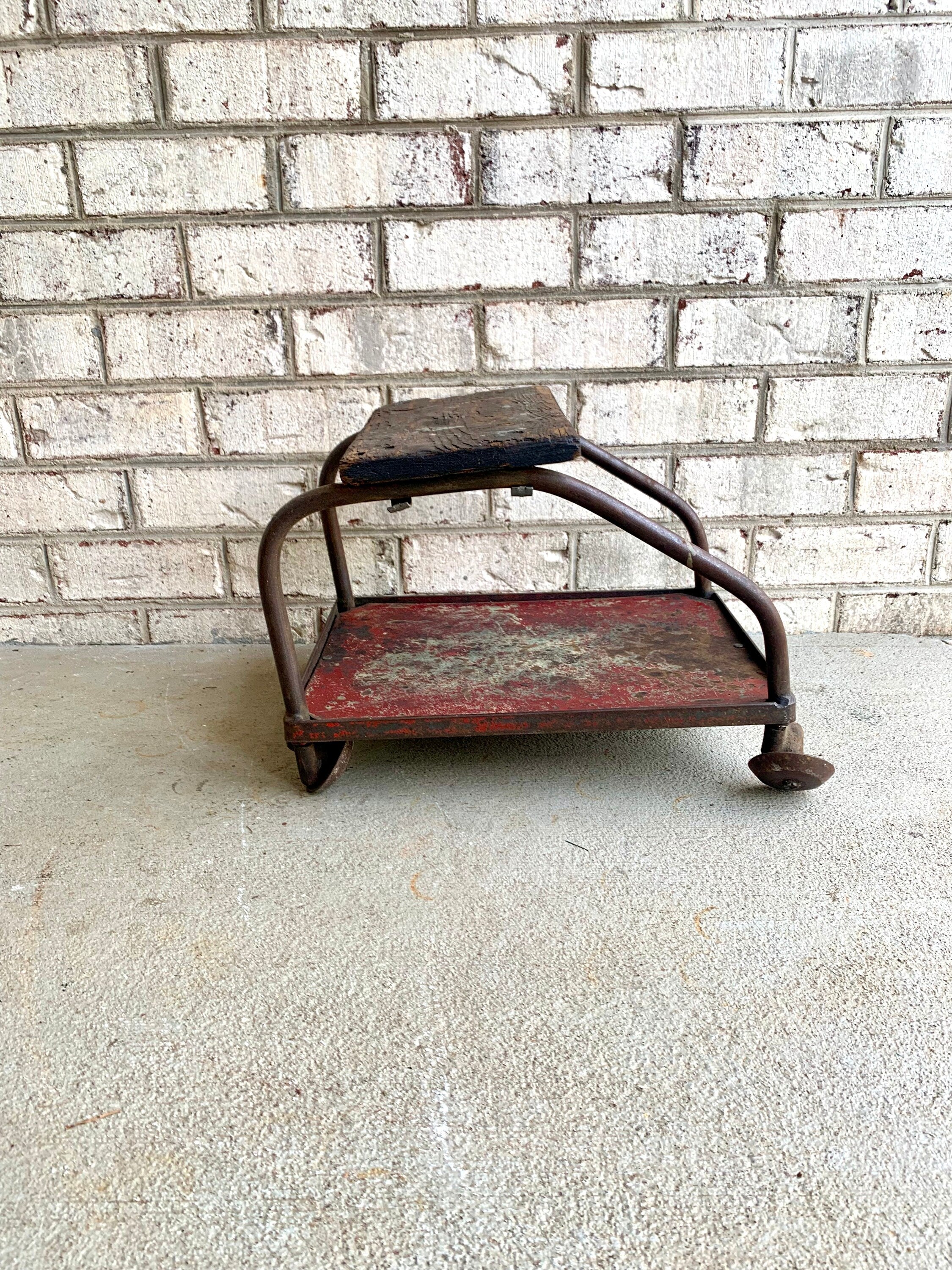 Vintage Distressed Metal Mechanics Stool | Industrial Automotive Rolling Stool | Rustic Metal Wall Decor | Red Distressed Metal Plant Stand