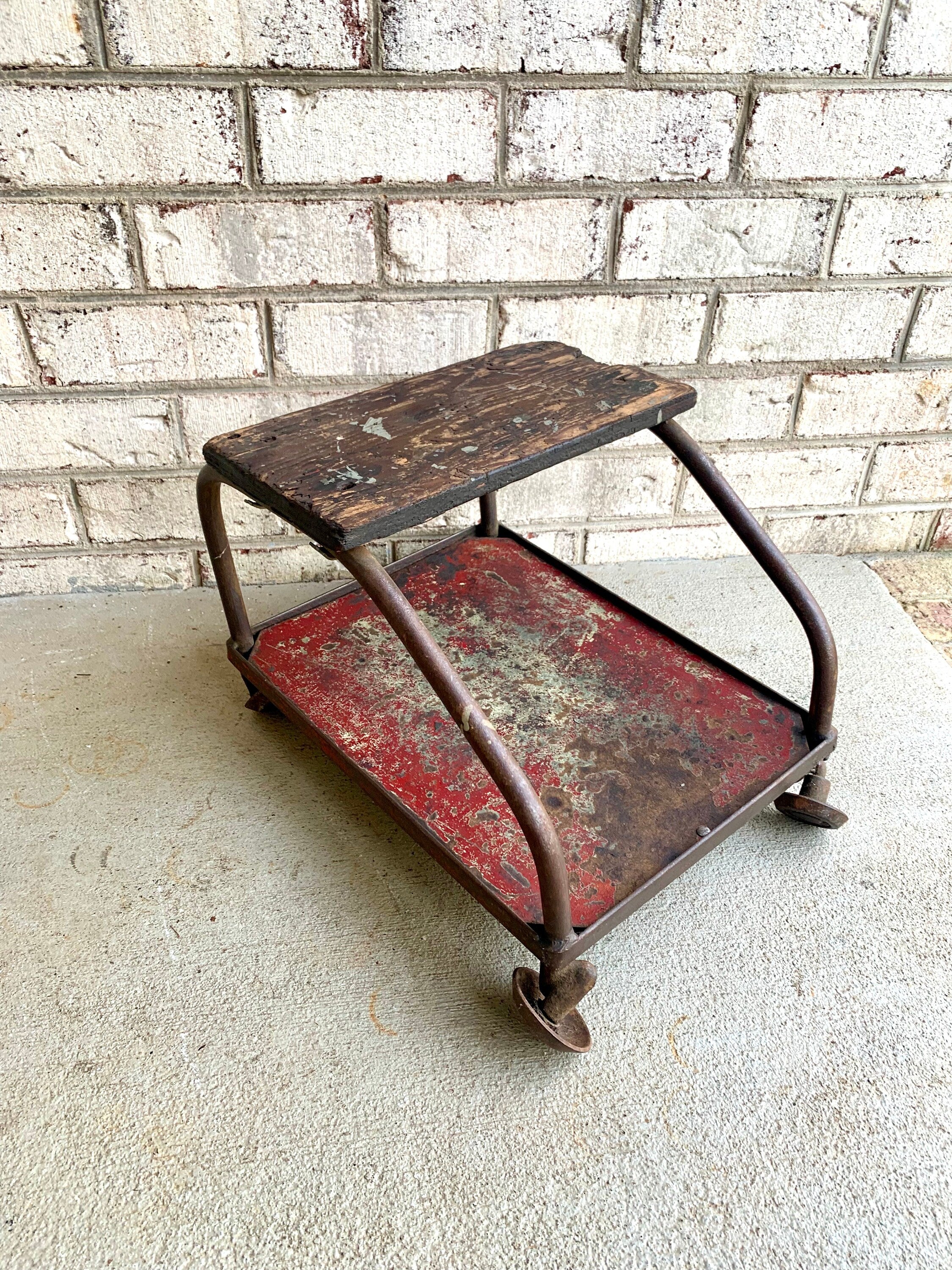 Vintage Distressed Metal Mechanics Stool | Industrial Automotive Rolling Stool | Rustic Metal Wall Decor | Red Distressed Metal Plant Stand