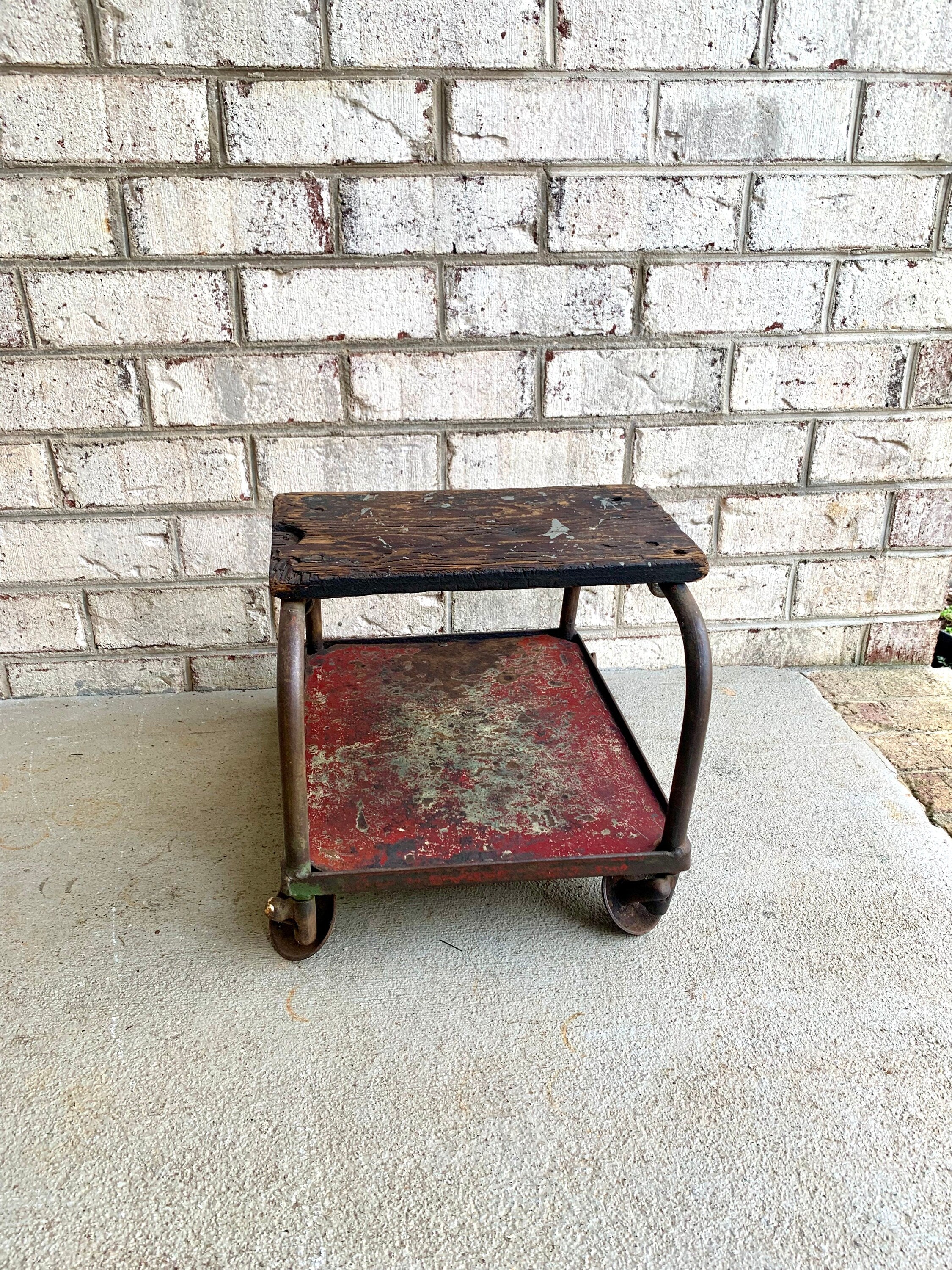 Vintage Distressed Metal Mechanics Stool | Industrial Automotive Rolling Stool | Rustic Metal Wall Decor | Red Distressed Metal Plant Stand
